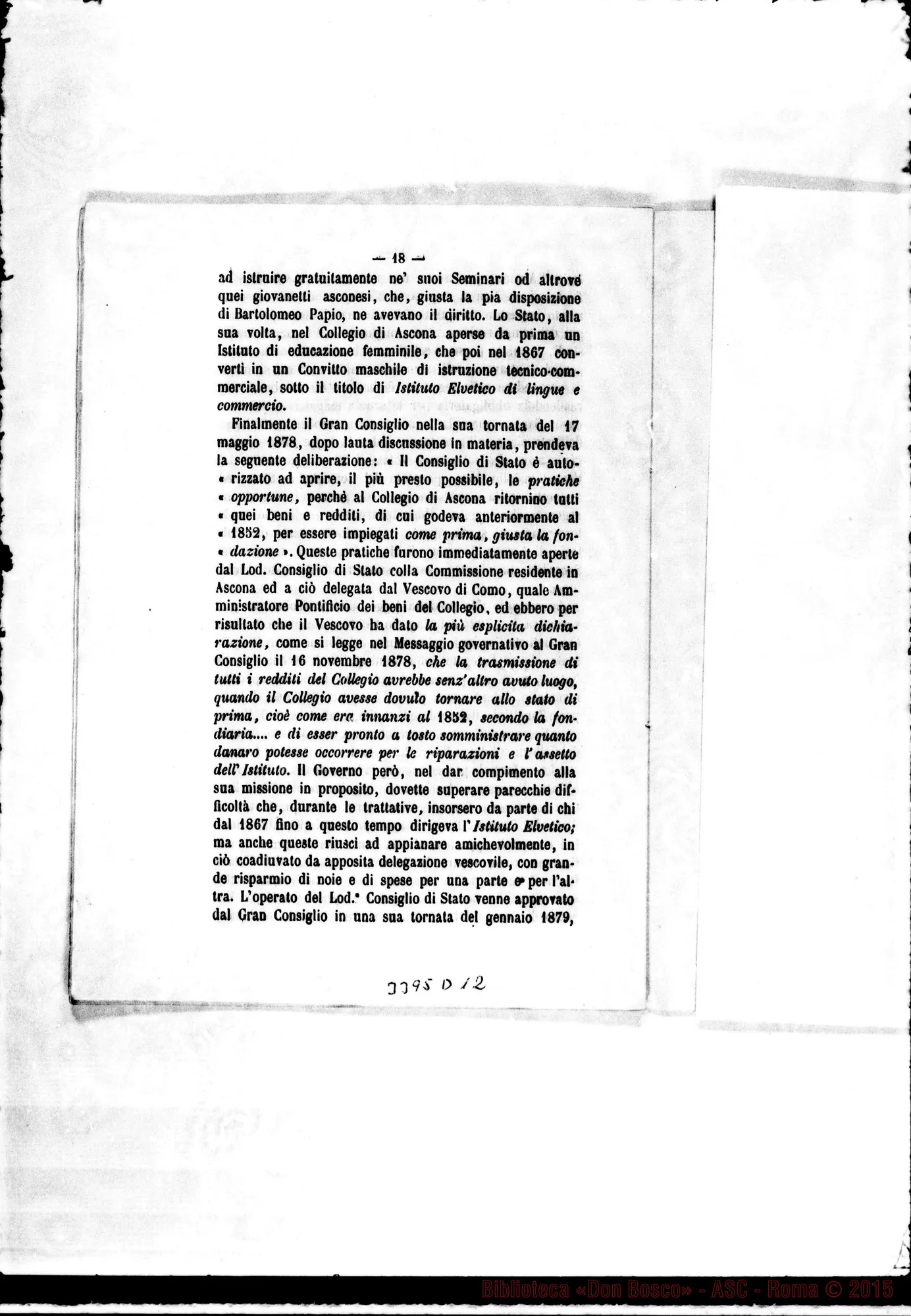 Fotogramma D 12 — Cenni storici sul Collegio Pontificio di Ascona. Stampato, 1881 Autogr. Rua