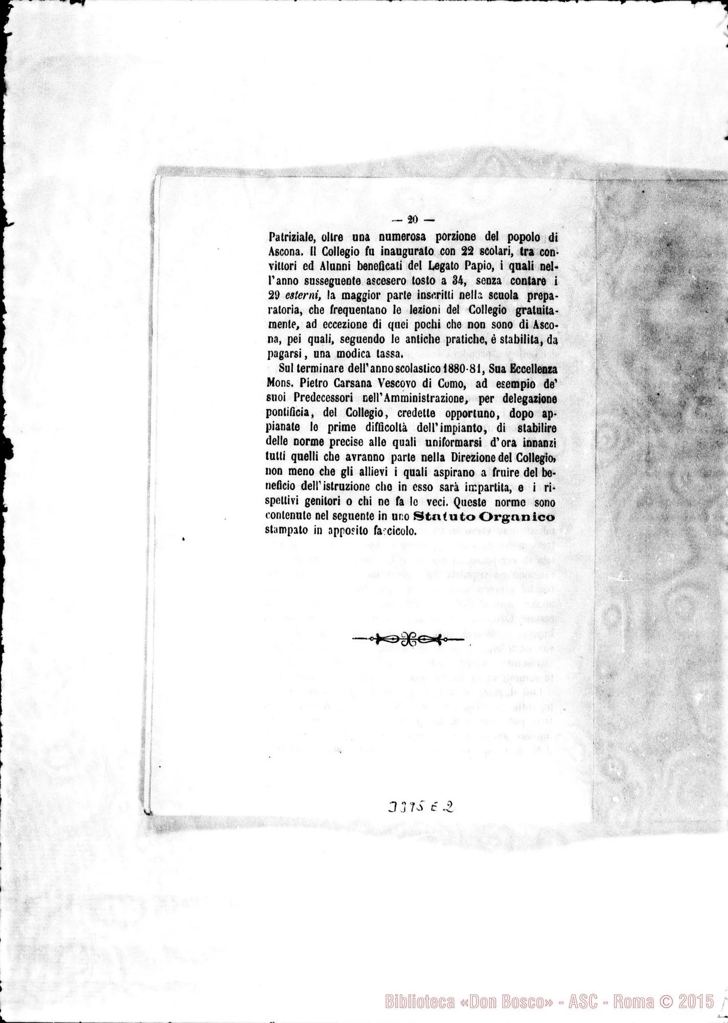 Fotogramma E 2 — Cenni storici sul Collegio Pontificio di Ascona. Stampato, 1881 Autogr. Rua