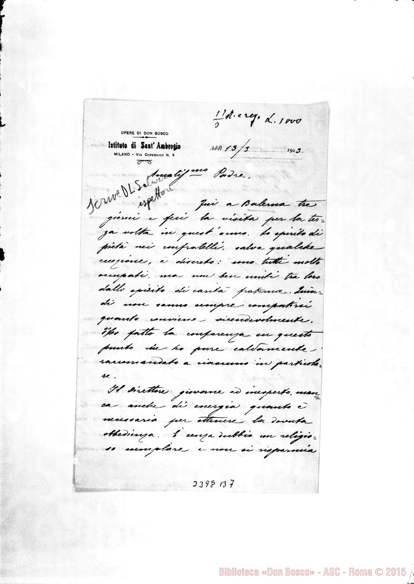 Fotogramma B 7 — Don Lorenzo Saluzzo-Don Rua. Milano, 13-03-1903. Incompleta. Autogr. Rua