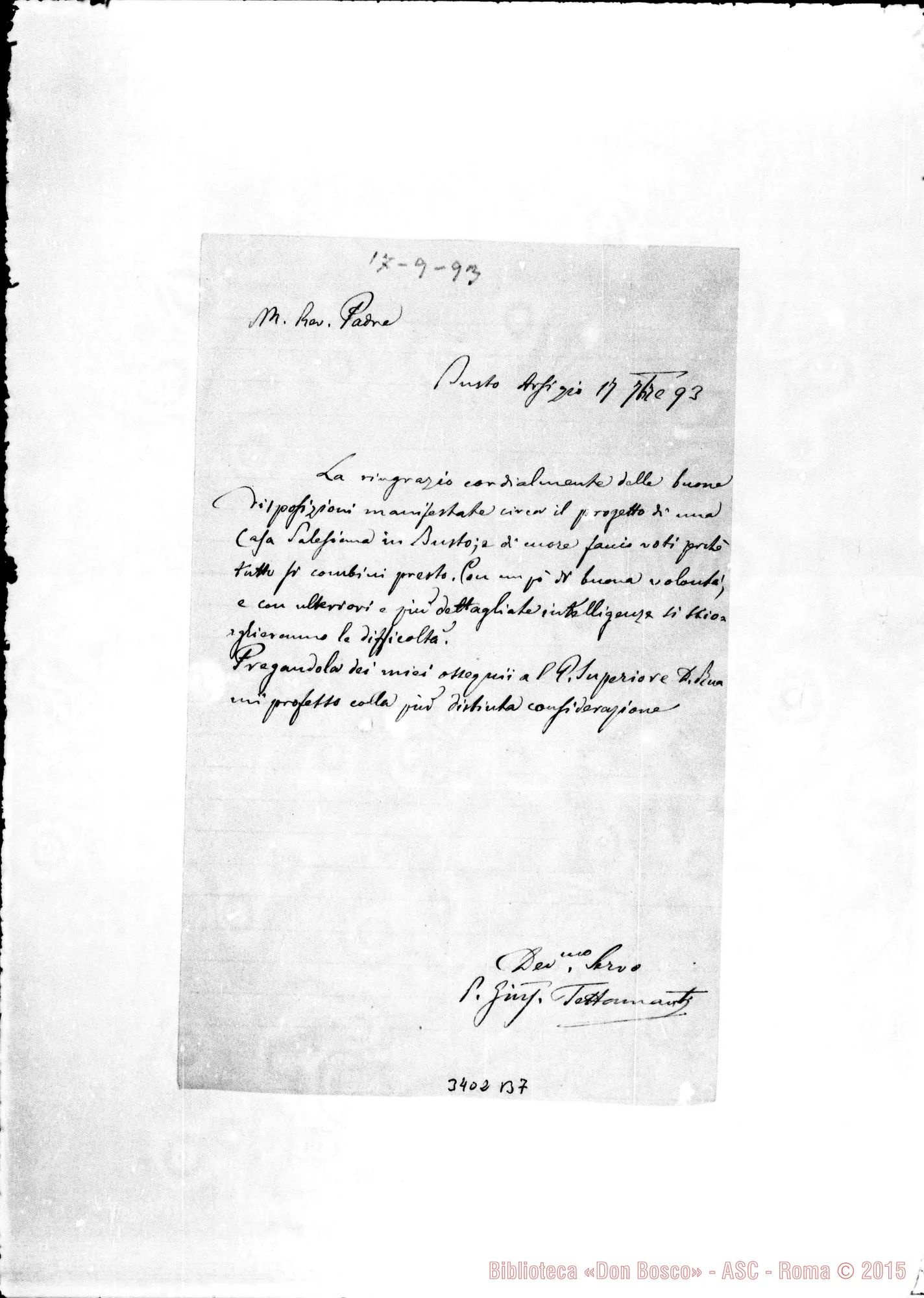 Fotogramma B 7 — Don Giuseppe Tettamanti-Rev.do Padre. Busto A., 17-09-1893