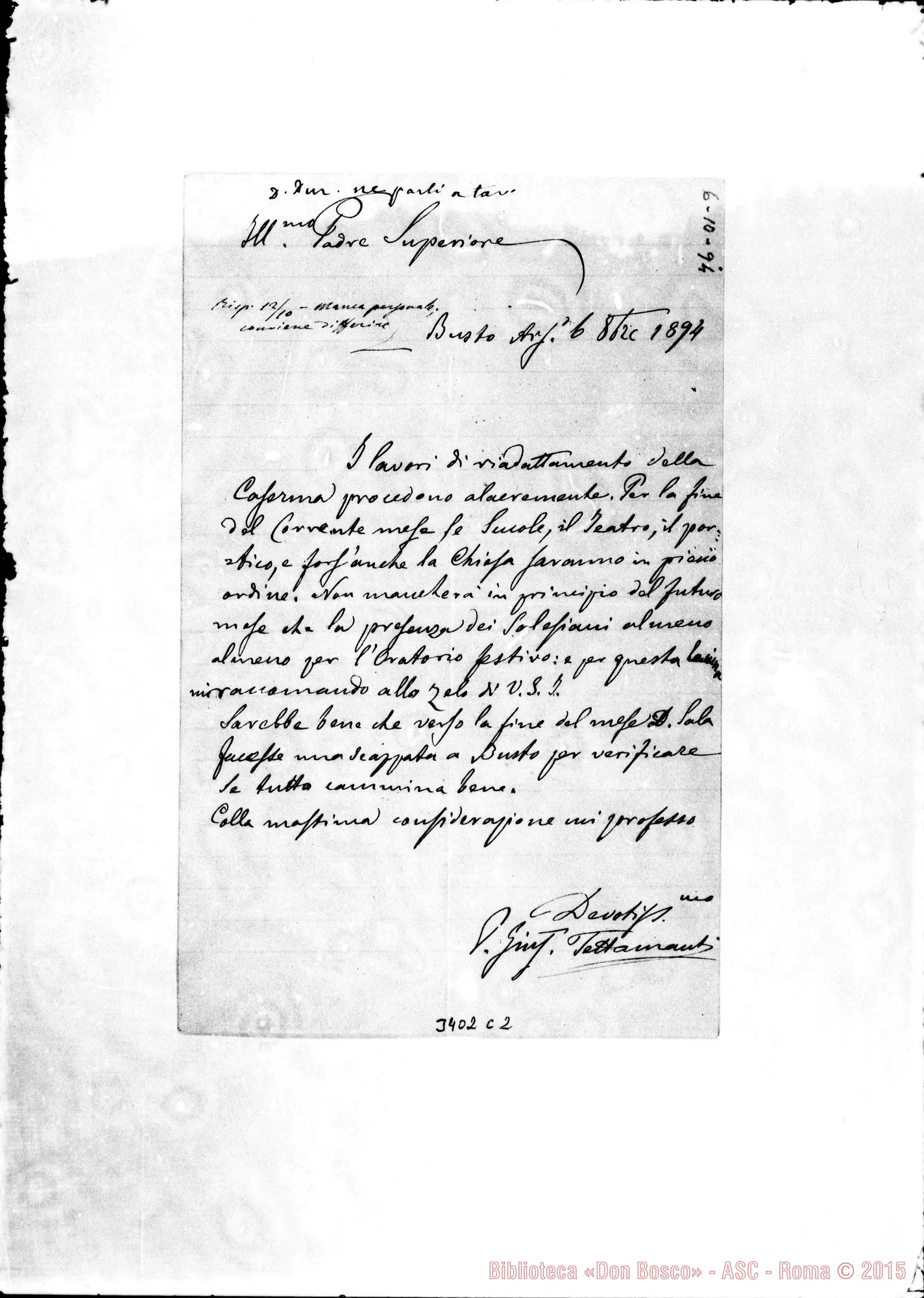 Fotogramma C 2 — Don Giuseppe Tettamanti-Rev.do Sig. Busto A., 6-10-1894 Autogr. Rua