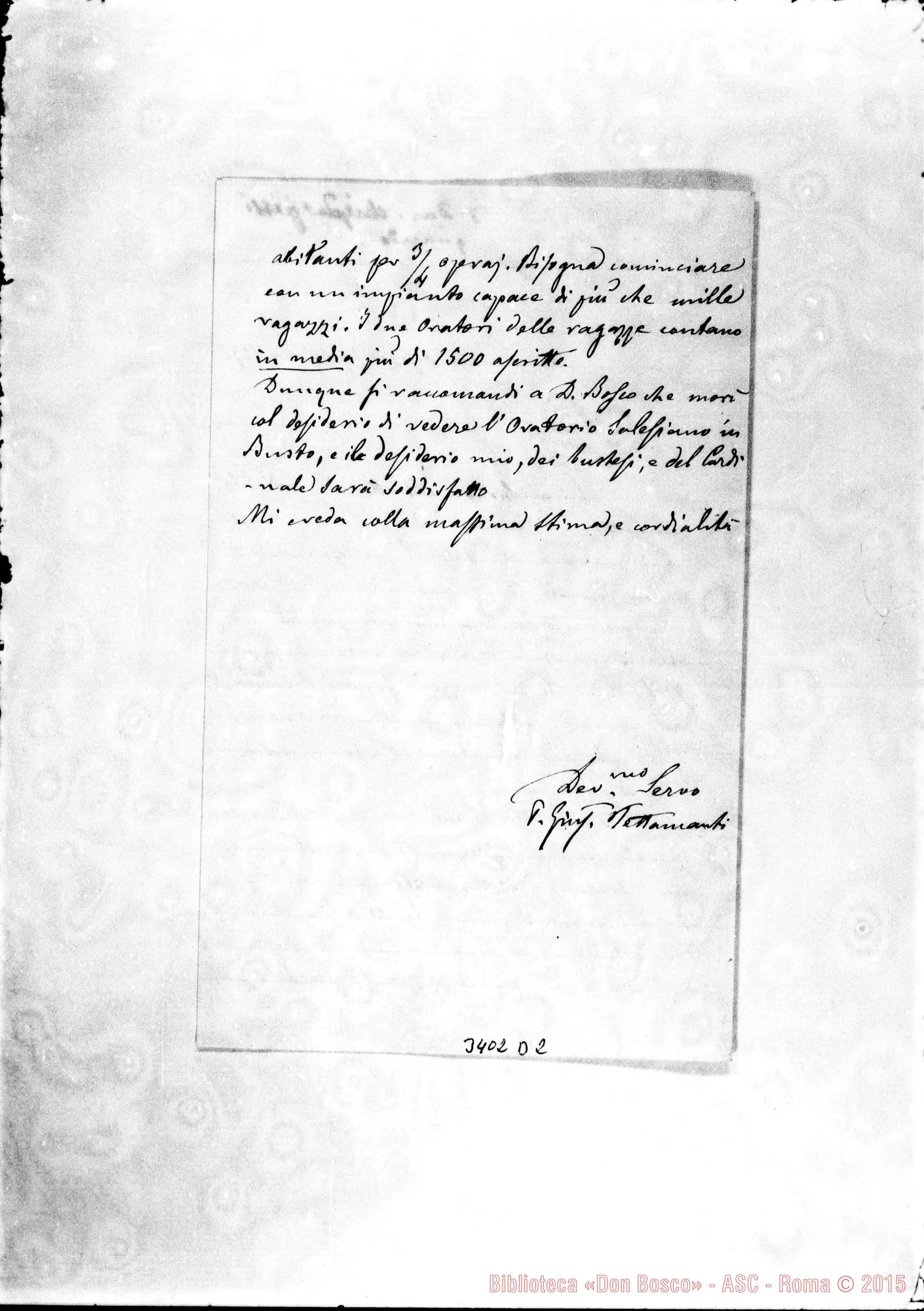 Fotogramma D 2 — Don Giuseppe Tettamanti-Rev.do Superiore. Busto A., 19-10-1895 Autogr. Rua
