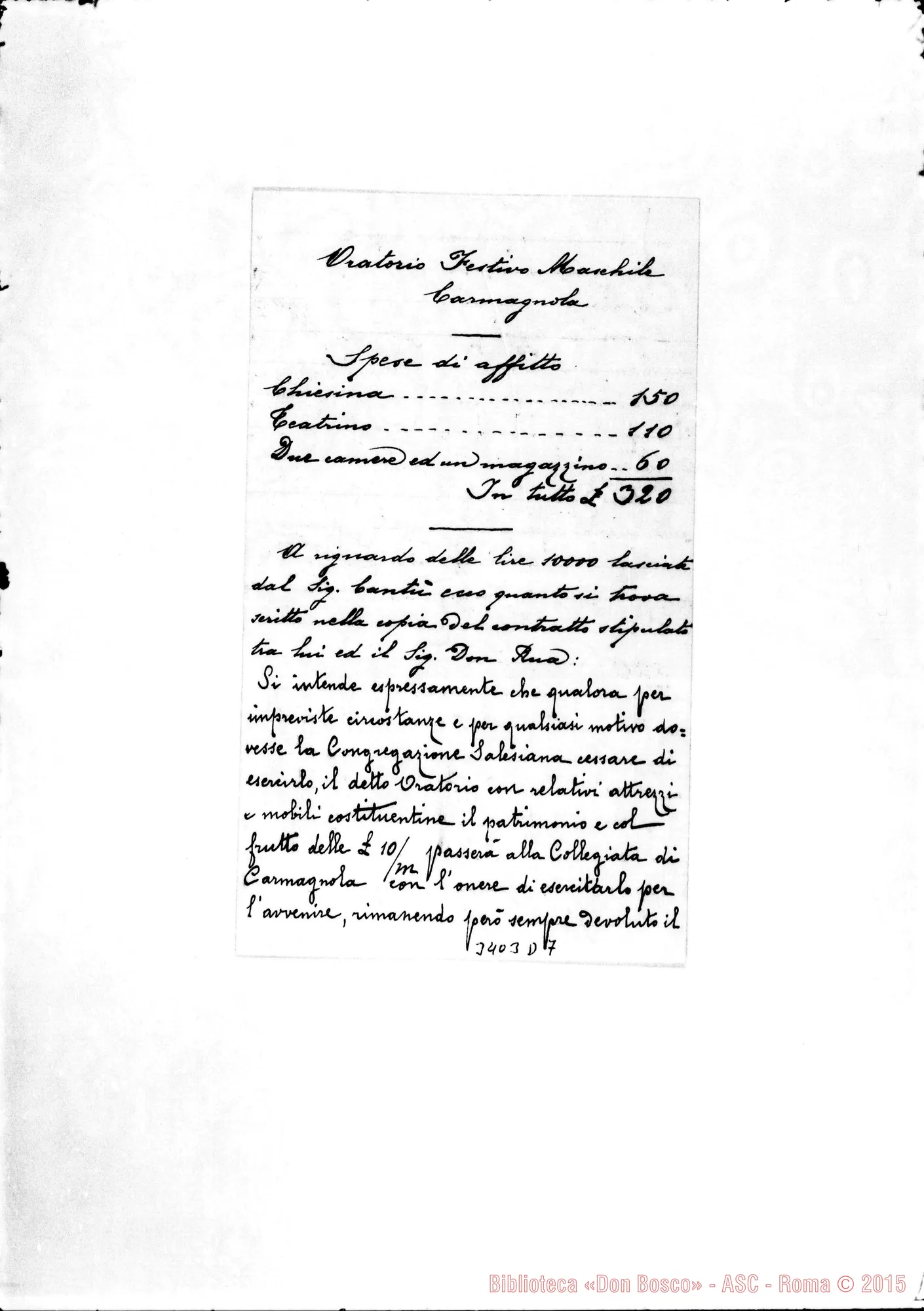Fotogramma D 7 — Appunti riguardanti TOratorio di Carmagnola