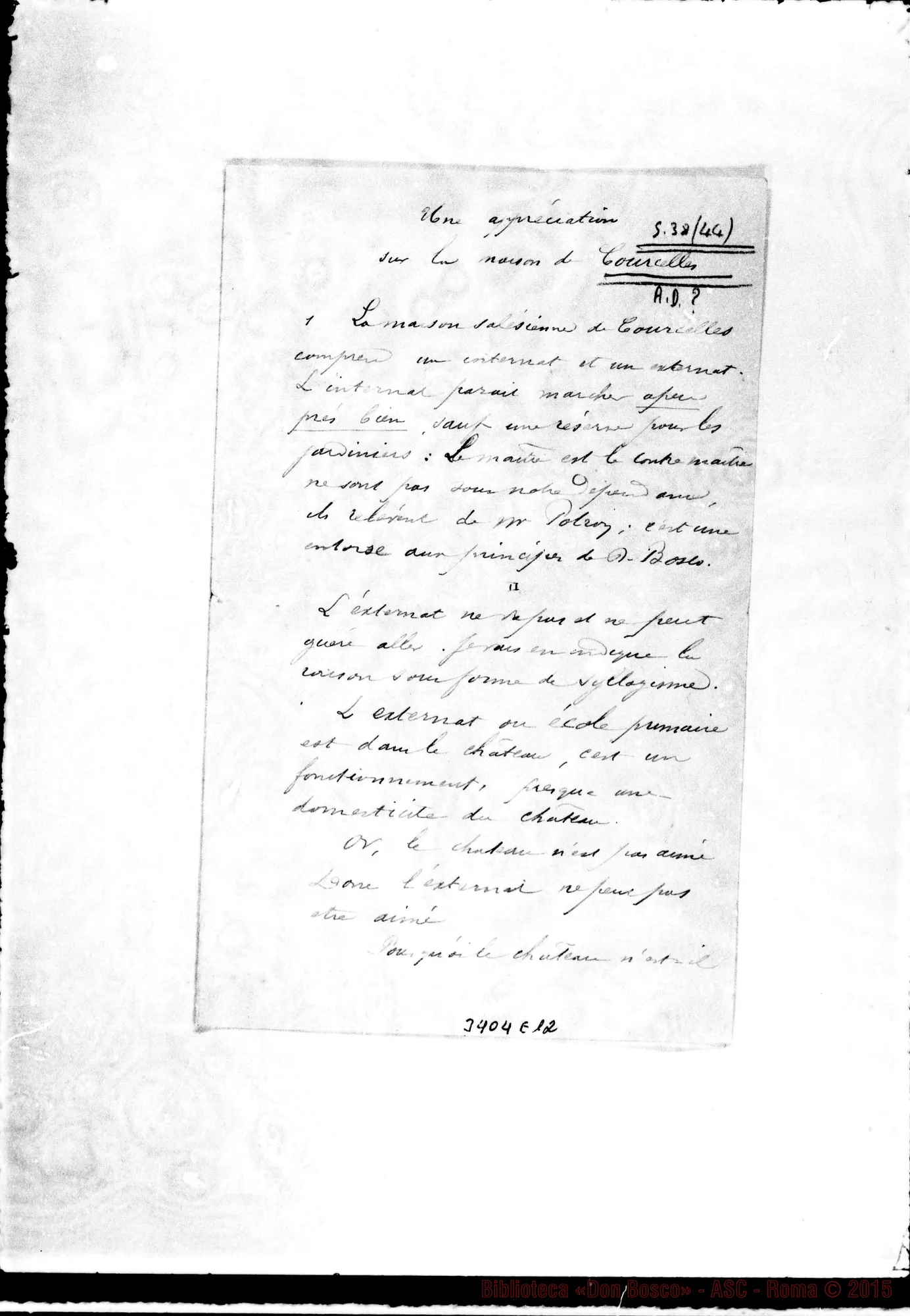 Fotogramma E 12 — «Une appréciation sur la maison de Courcelles». Ms.