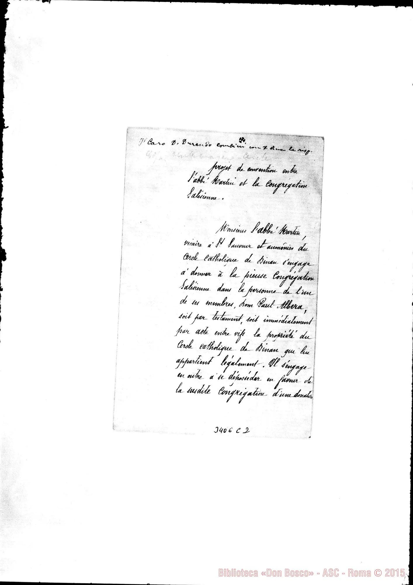 Fotogramma C 2 — Abbé J. Martin: progetto di convenzione. Die. 22-1883 Autogr. Rua
