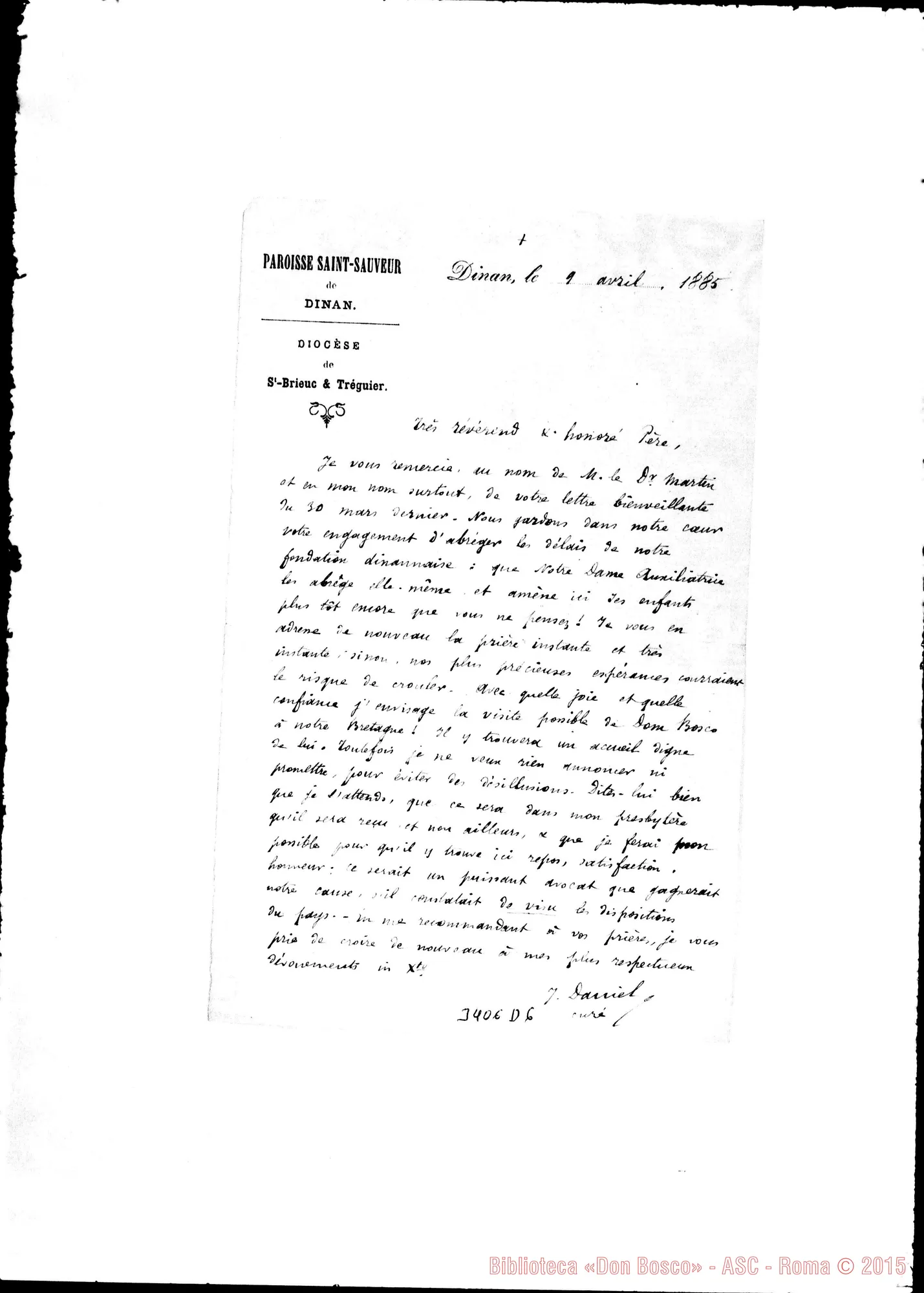 Fotogramma D 6 — J. Daniel, curé Doyen-Révérend Père. Dinan, 9-04-1885