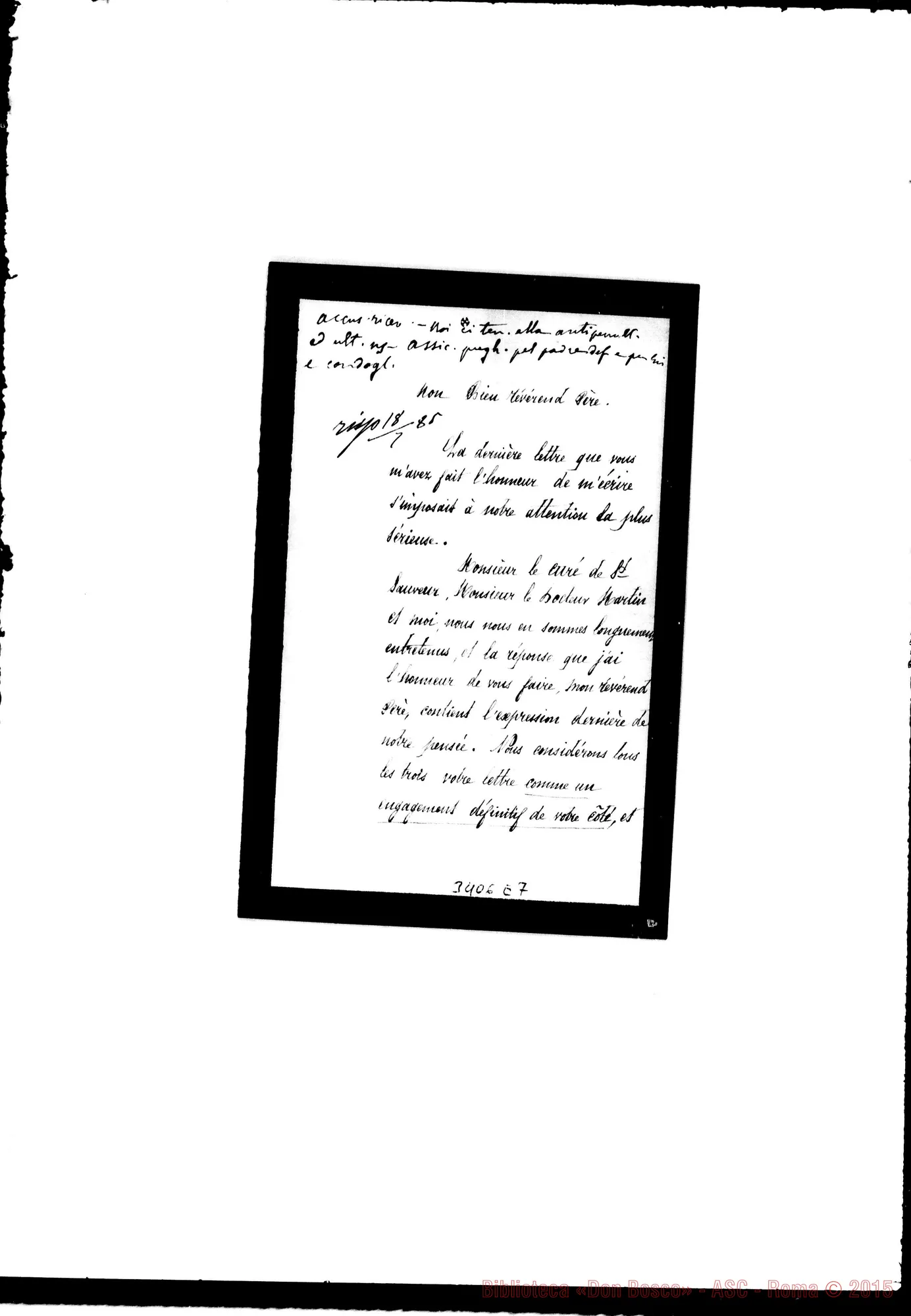 Fotogramma E 7 — Abbé J. Martin-Révérend Père. Risposto il 18-07-1885 Autogr. Rua