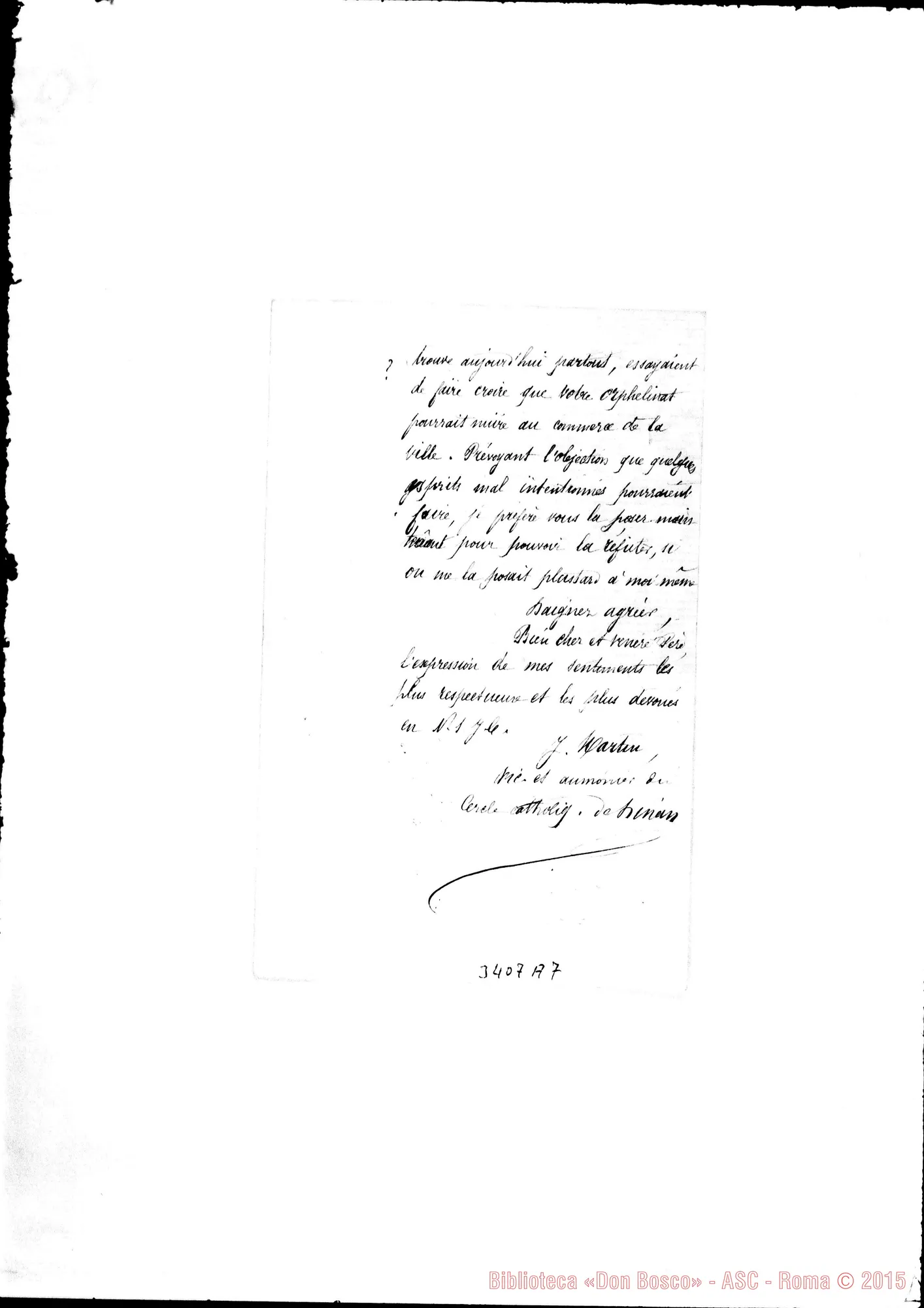 Fotogramma A 7 — Abbé J. Martin-Révérend Père. Dinan, 16-02-1887 Autogr. Rua