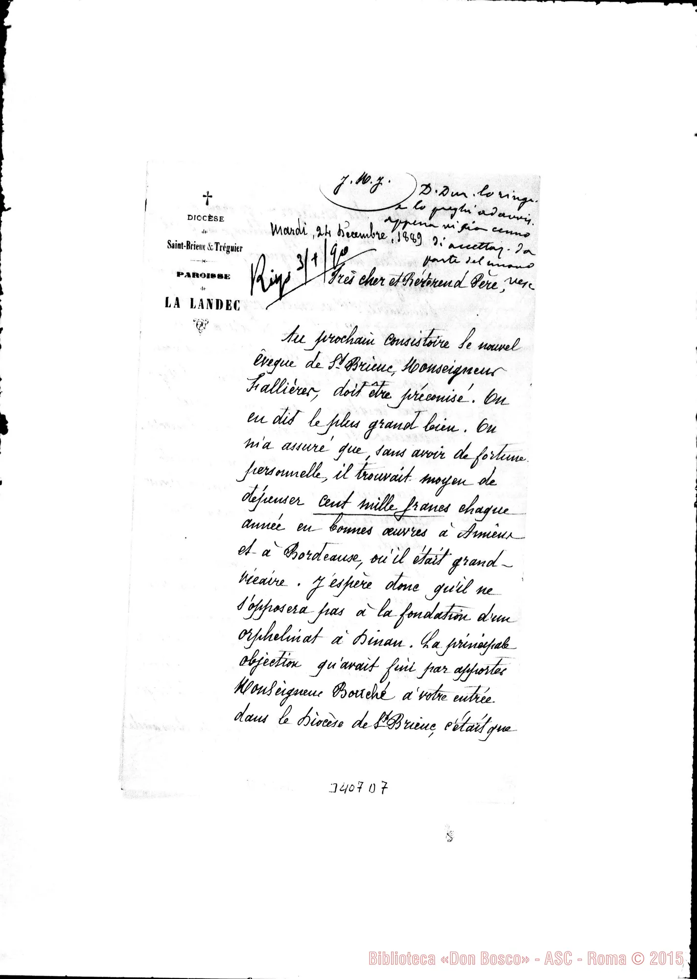 Fotogramma D 7 — Abbé J. Martin-Révérend Père. La Landec, 24-12-1889 Autogr. Rua