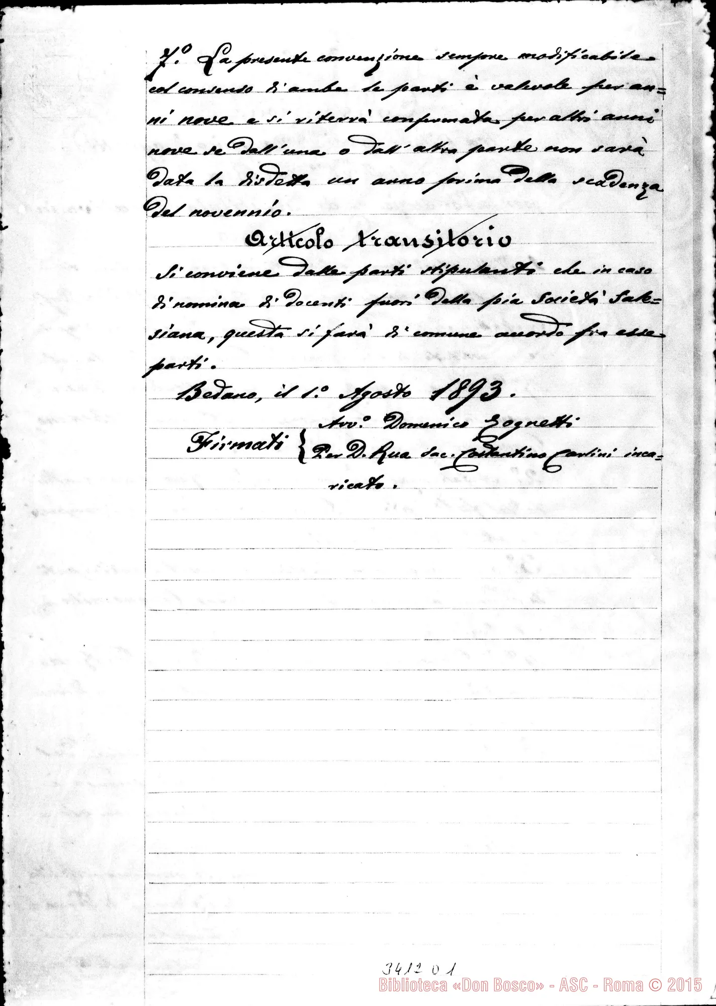 Fotogramma D 1 — Convenzione tra l’Avv. Tognetti E Don Rua. Bedano, 1-08-1893