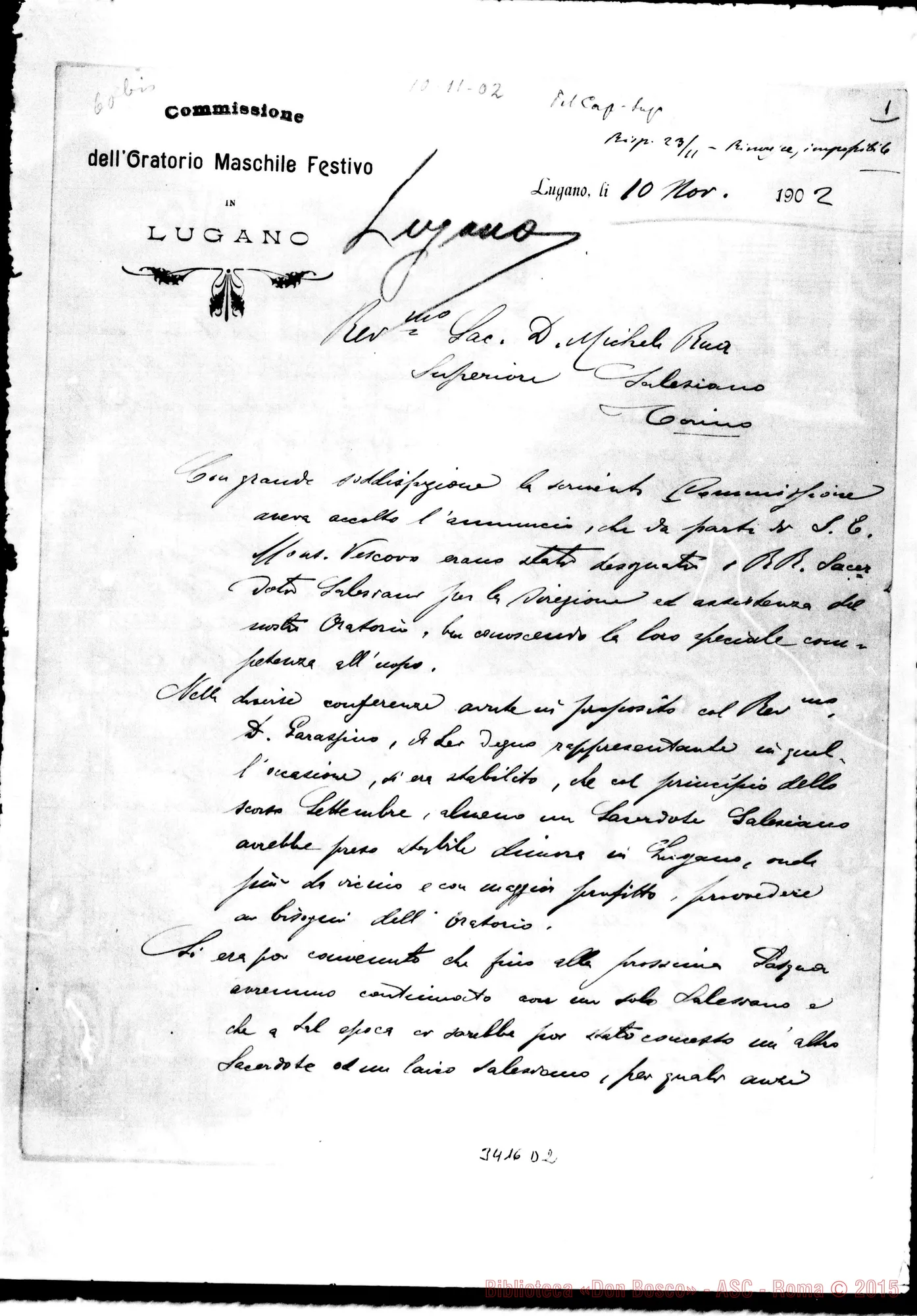 Fotogramma D 2 — Lugano: Don Severino Pisoni, arcip.-Don Rua. Lugano, 10-11-1902 Autogr. Rua