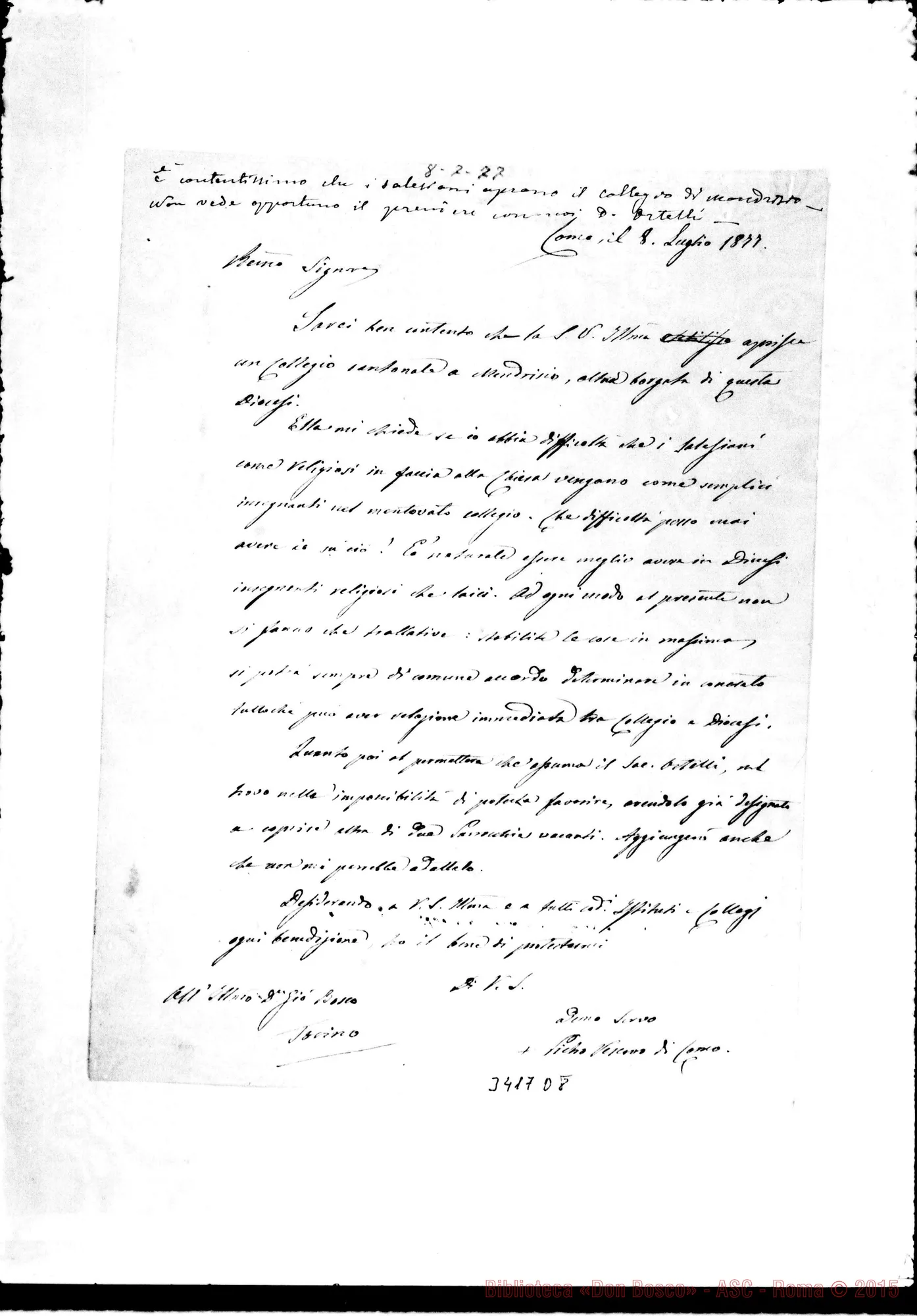Fotogramma D 8 — Pietro Carsana, vesc. di Como-Don Bosco, T8-07-1877 Autogr. Rua