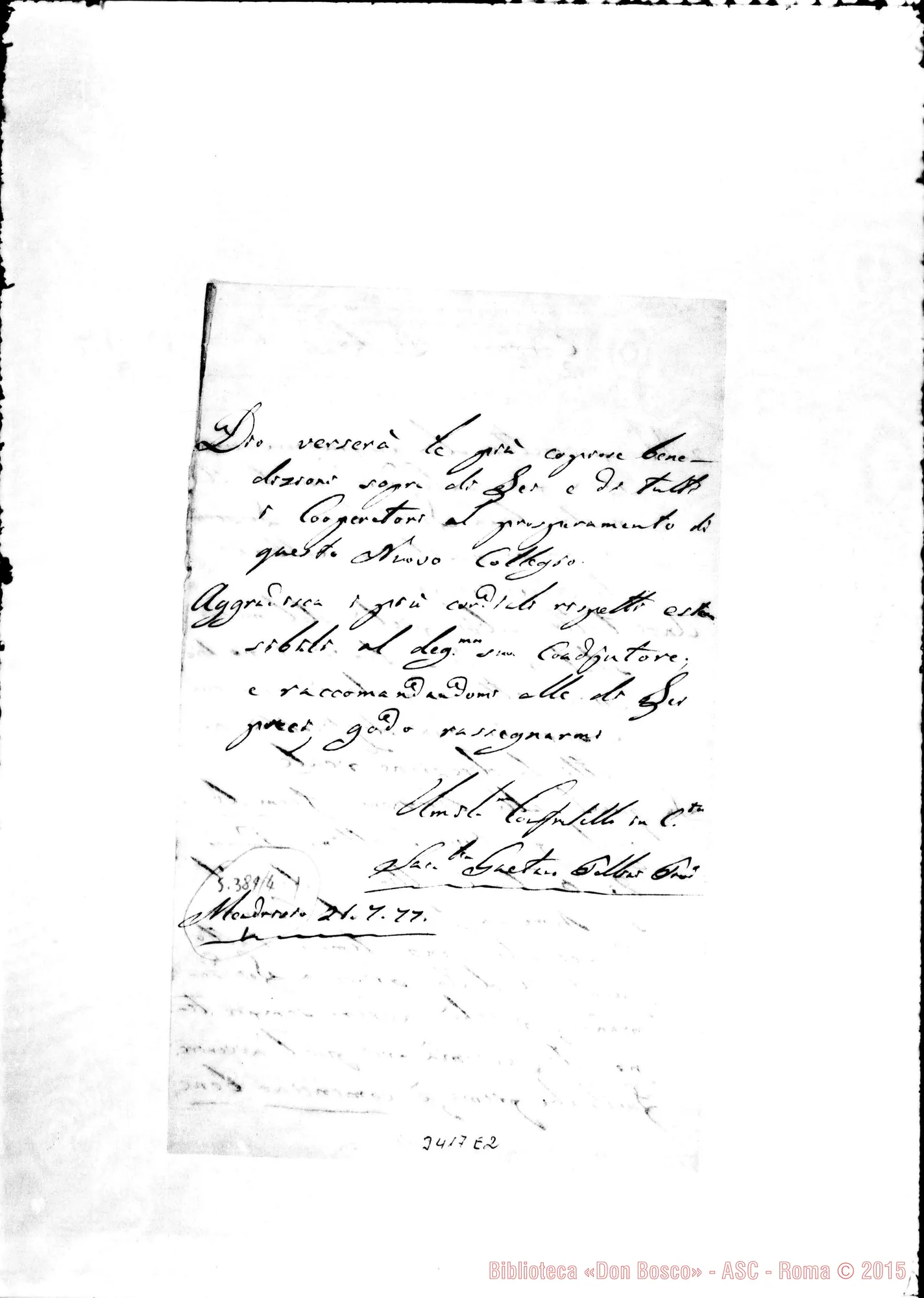 Fotogramma E 2 — Don Gaetano Pollini-Don Bosco. Mendrisio, 21-07-1877