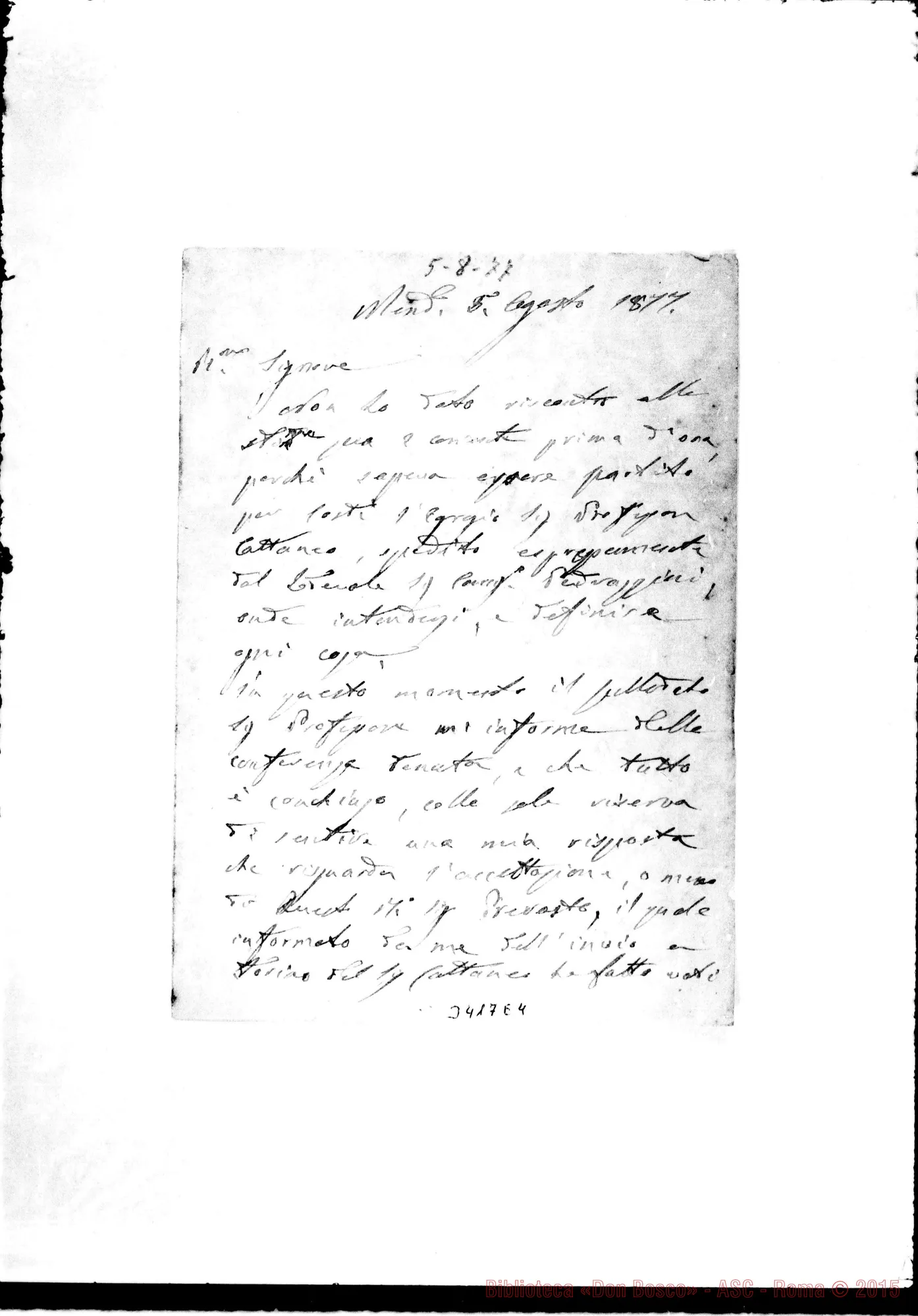 Fotogramma E 4 — Don Luigi Croci-Rev.mo Sig. Mendrisio, 5-08-1877