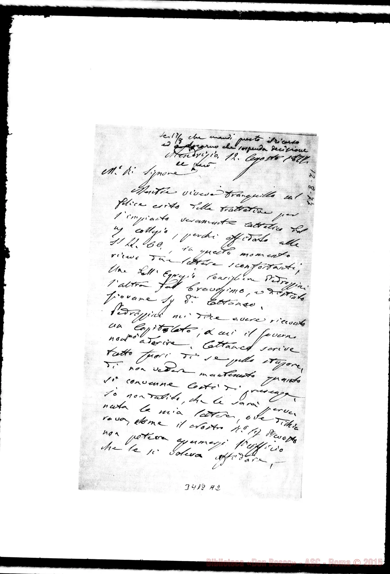Fotogramma A 2 — Don Luigi Croci-Rev.mo Sig. Mendrisio, 12-08-1877 Autogr. Rua