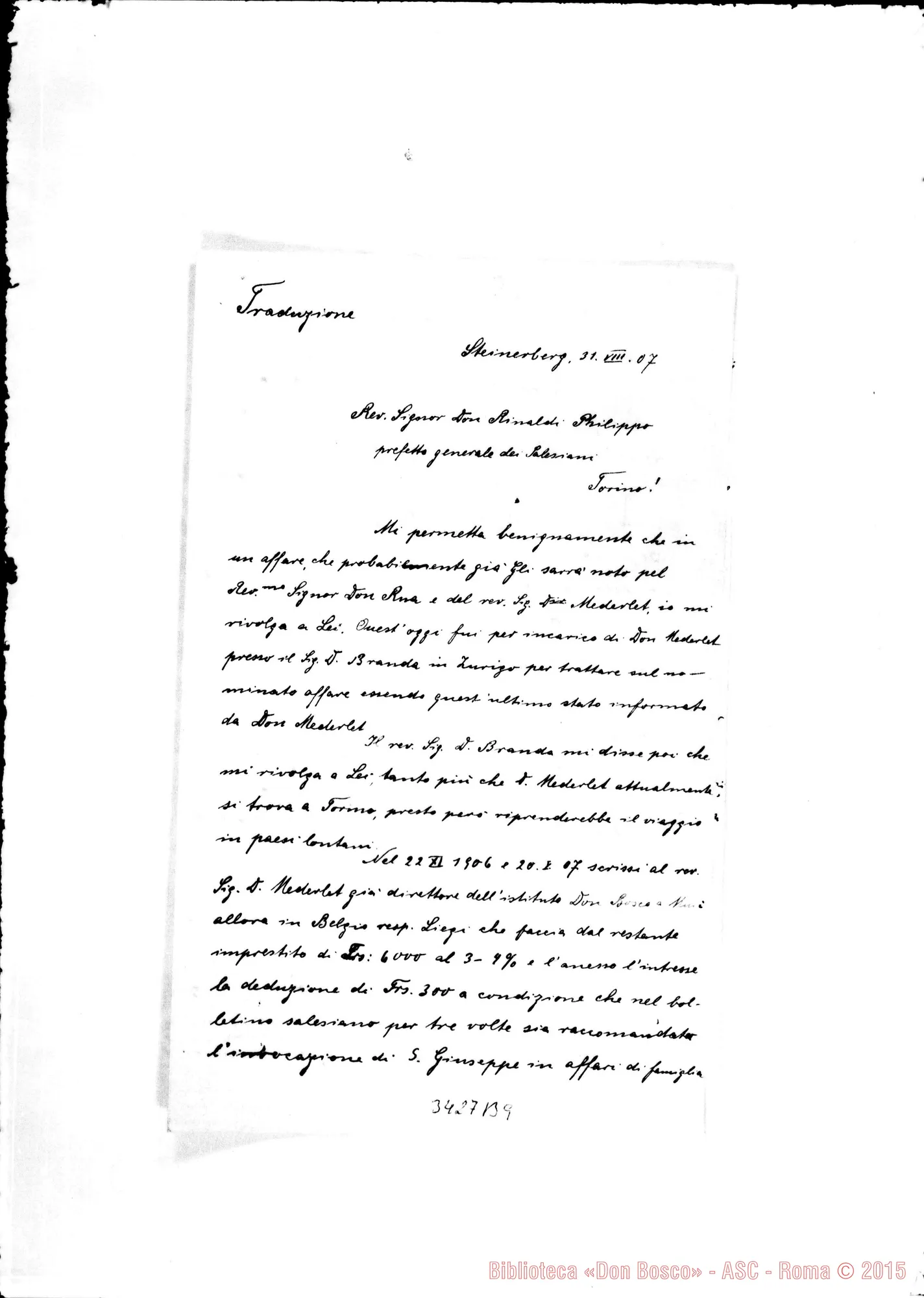 Fotogramma B 9 — M. Aufdermaur Strizer-Don Filippo Rinaldi. Steinenberg, 31-08-1907 All. traduzione