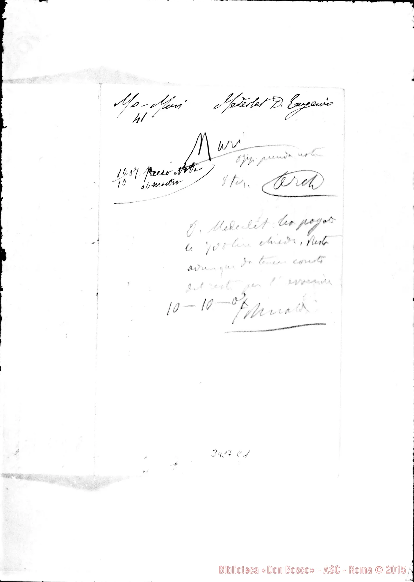 Fotogramma C 1 — Don Branda Giovanni-Don Rinaldi. Zurigo, sett. 1907. Autogr. Rinaldi