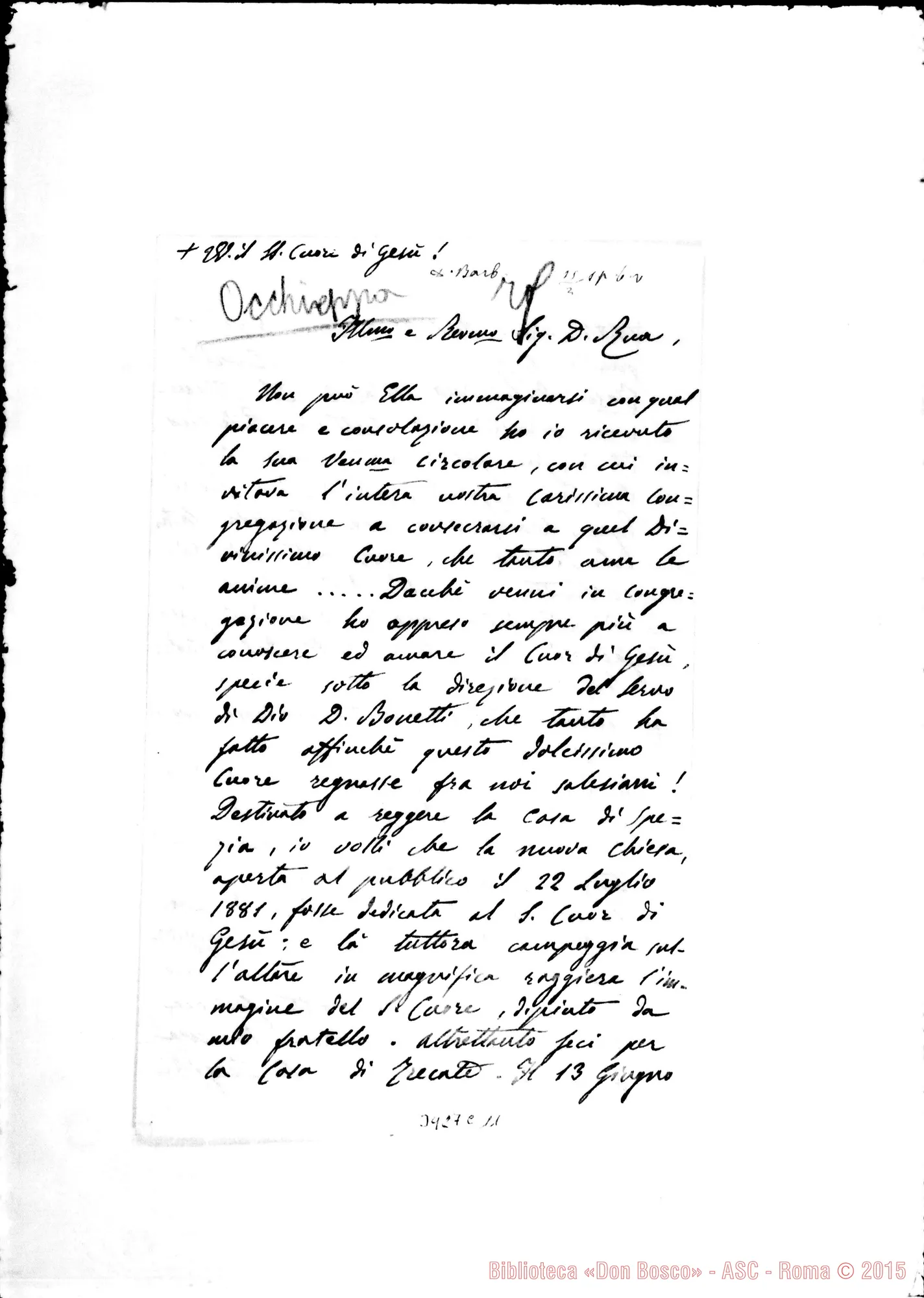 Fotogramma C 11 — Don Angelo Maria Rocca-Don Rua. Occhieppo, 2-02-1901 Autogr. Rua