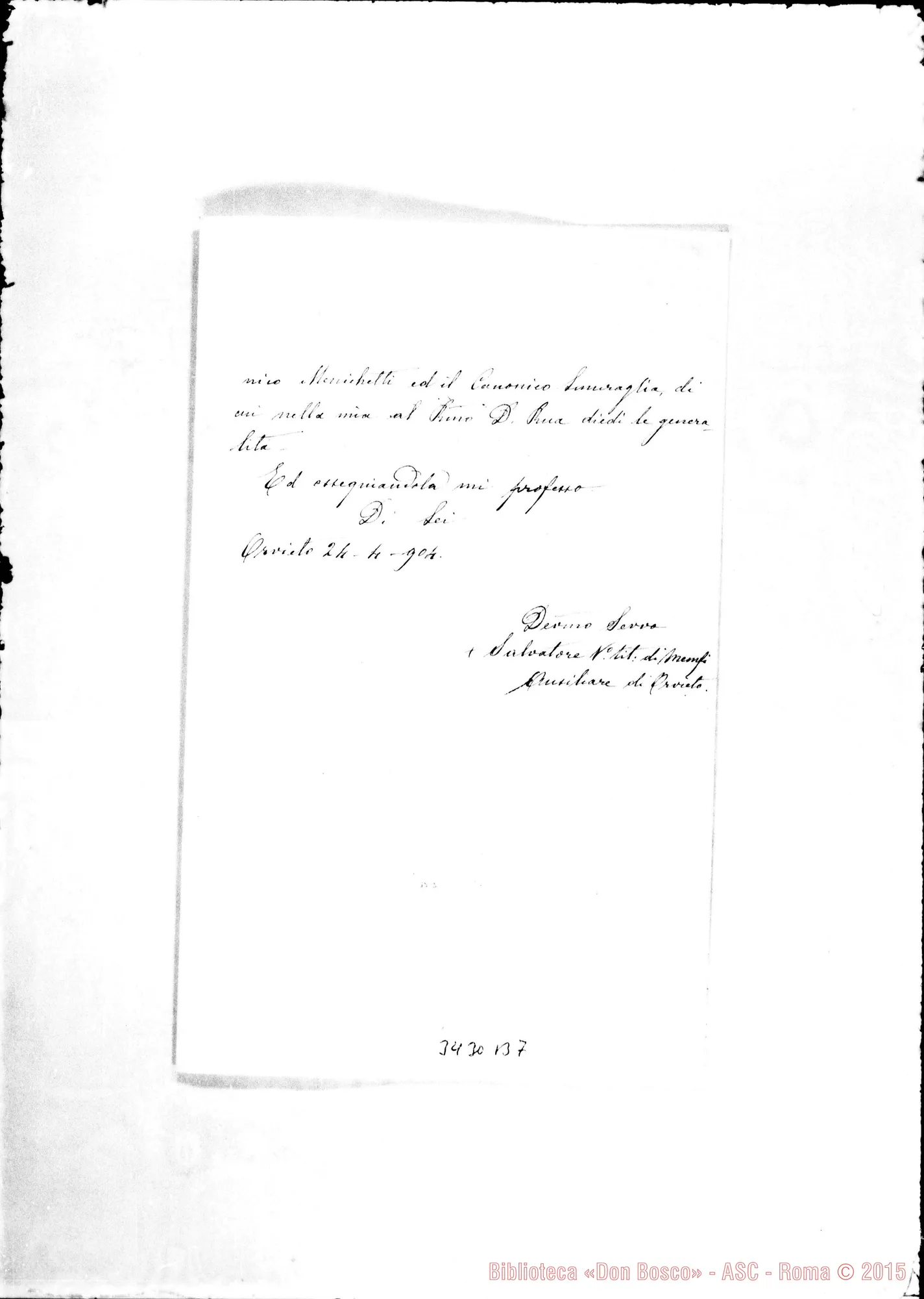 Fotogramma B 7 — Salvatore Fratocchi-Rev.do Sig. Orvieto, 24-04-1904 Autogr. Rinaldi