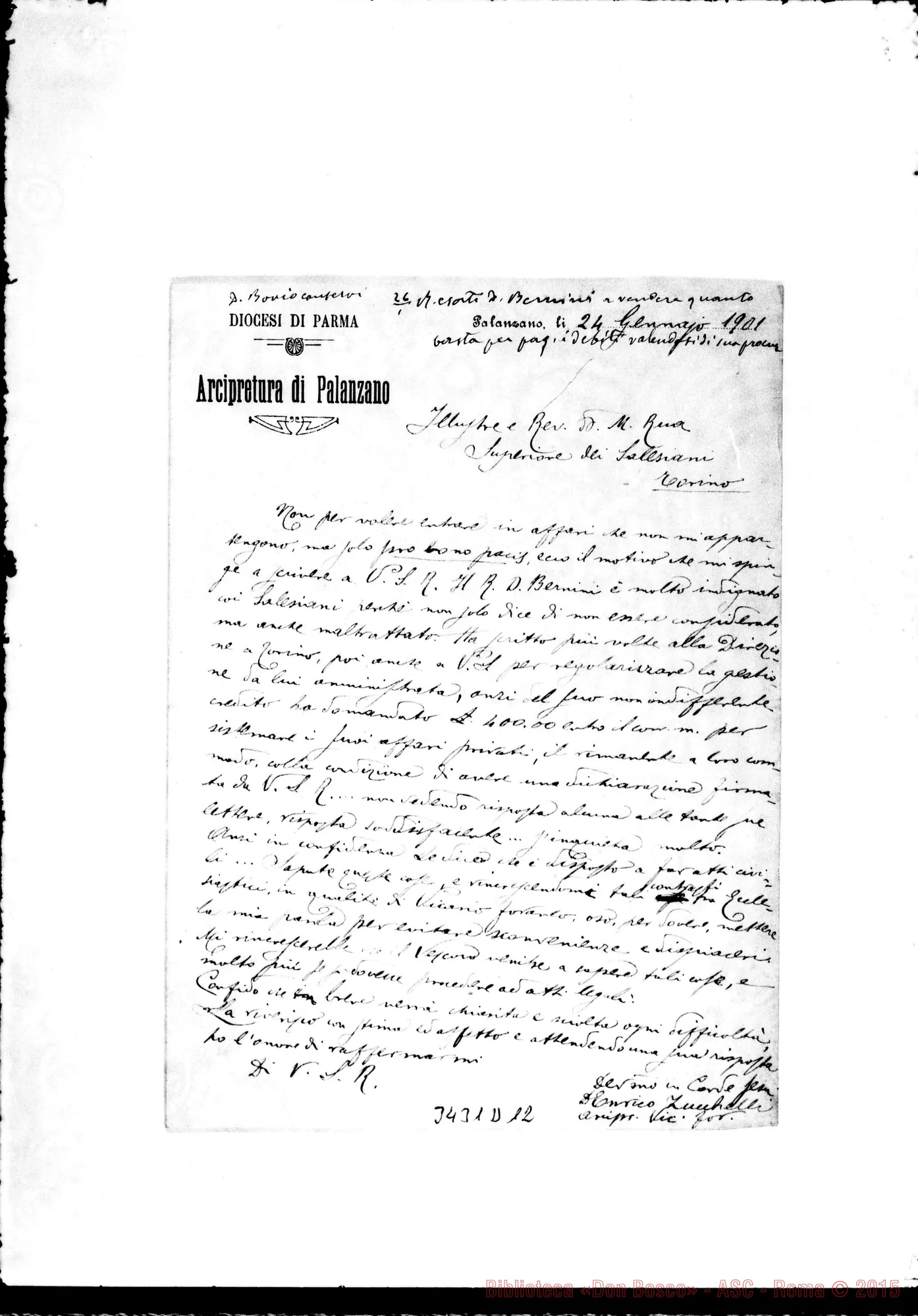 Fotogramma D 12 — Don Enrico Zucchelli-Don Rua. Palanzano, 24-01-1901 Autogr. Rua