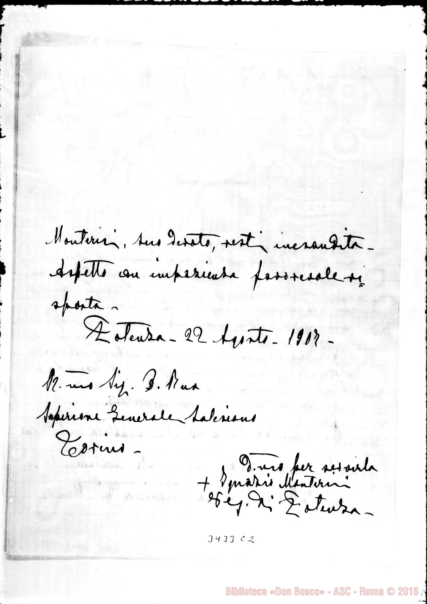 Fotogramma C 2 — Ignazio Monterisi, vesc.-Don Rua, il 22-08-1907 Autogr. Rua