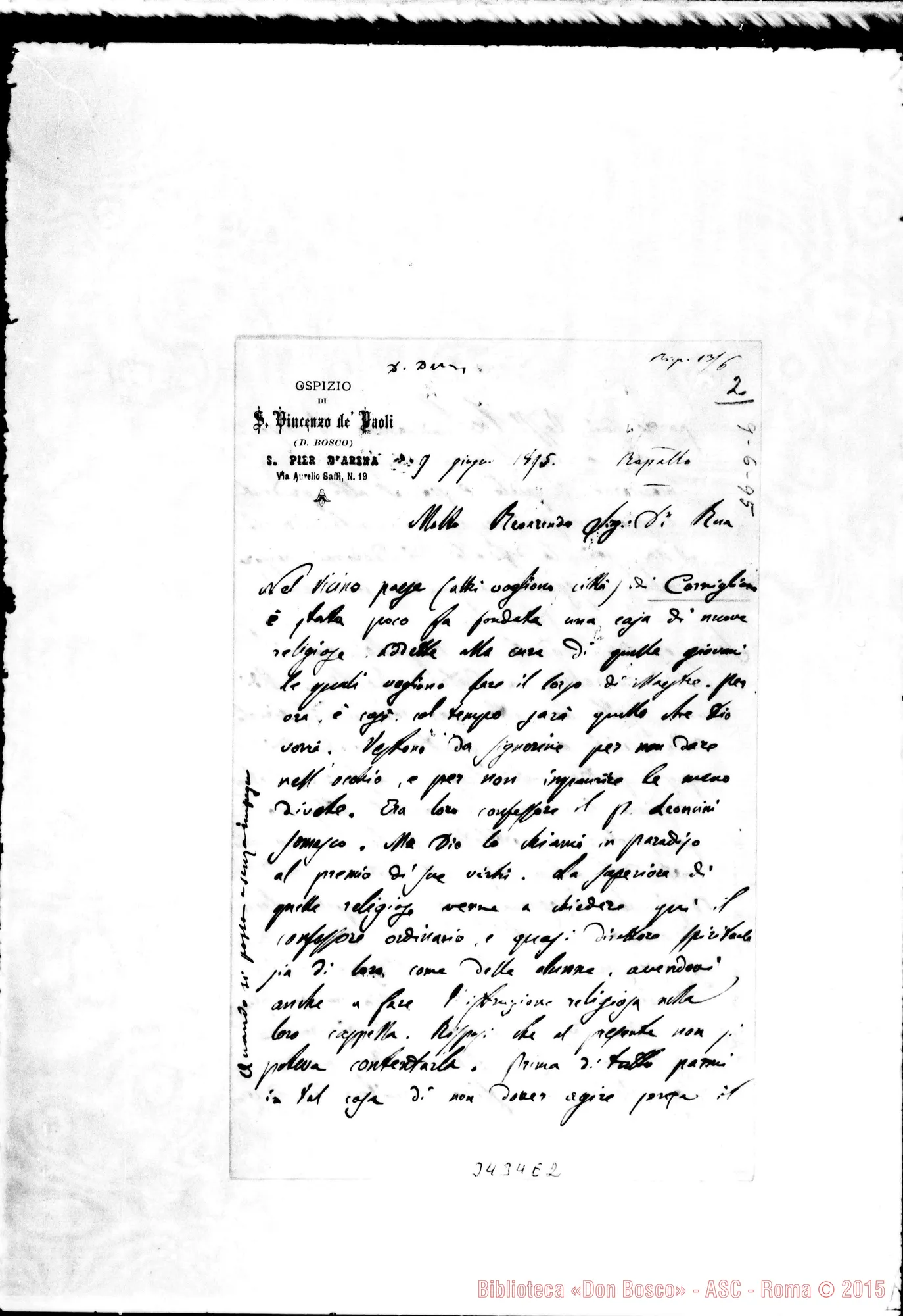 Fotogramma E 2 — Don Giovanni Tamietti-Don Rua. Sampierdarena, 9-06-1895 Autogr. Rua