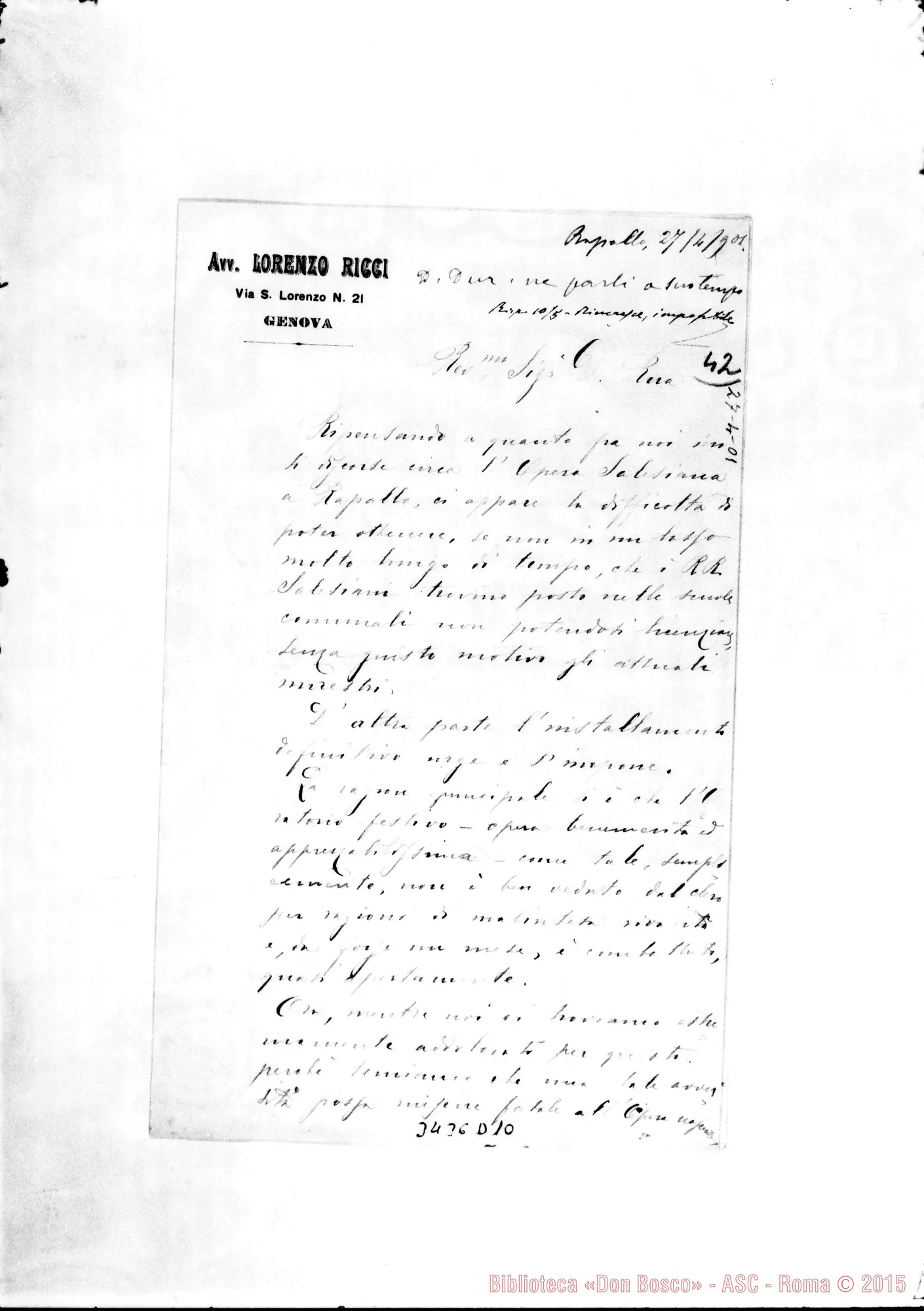Fotogramma D 10 — Avv. Lorenzo Ricci-Don Rua. Rapallo, 27-04-1901 Autogr. Rua