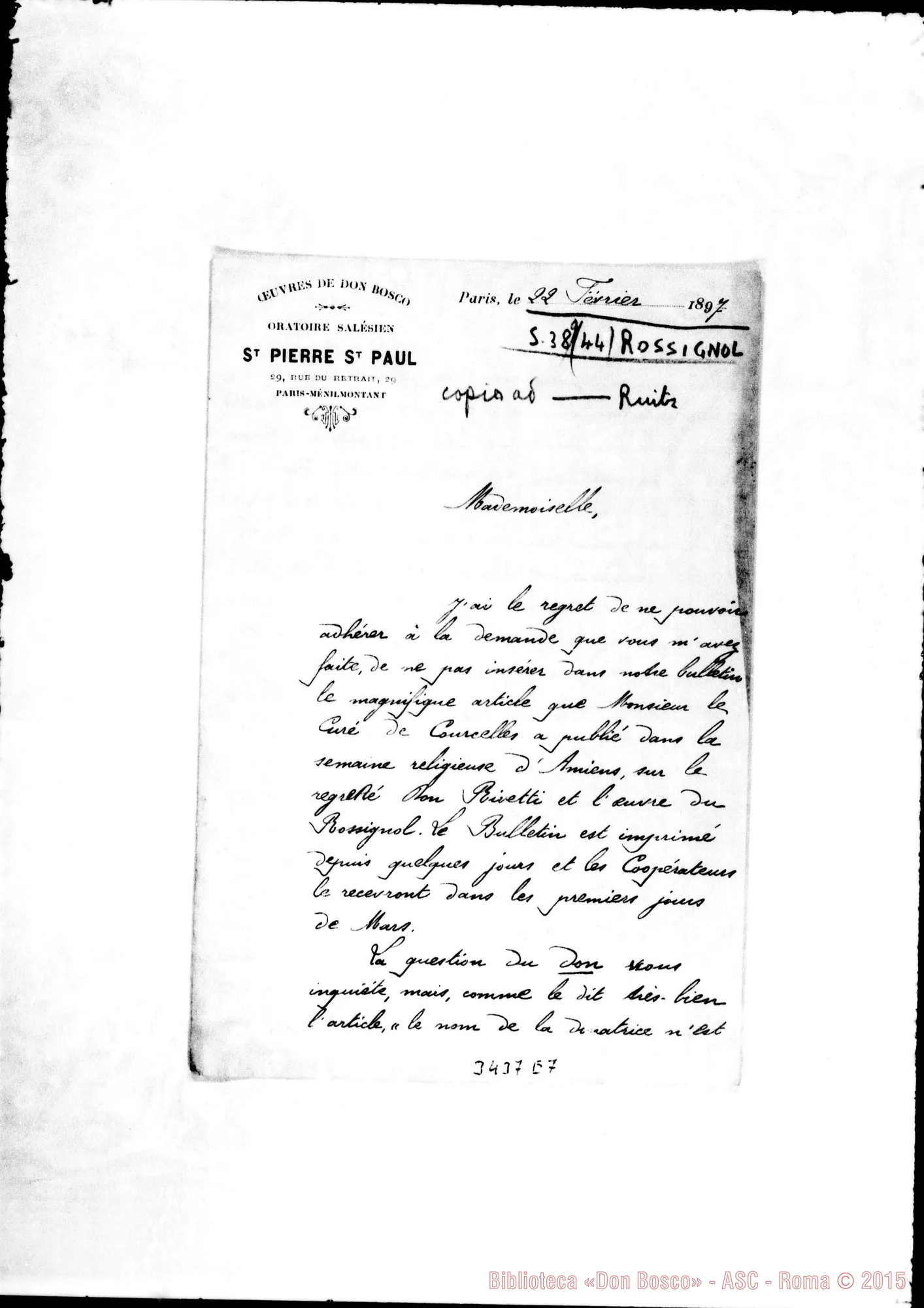 Fotogramma E 7 — Lettera indirizzata A Mademoiselle. Paris, 22-02-1897 Copia