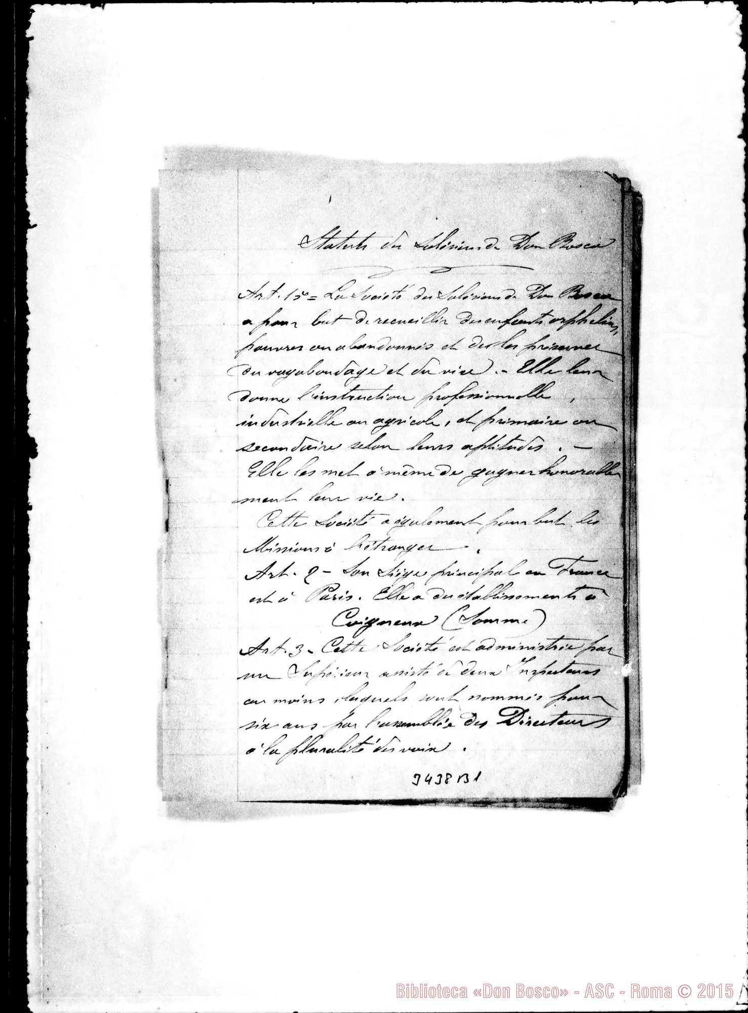 Fotogramma B 1 — «Historique de THorphelinat du Rossignol». Ms.