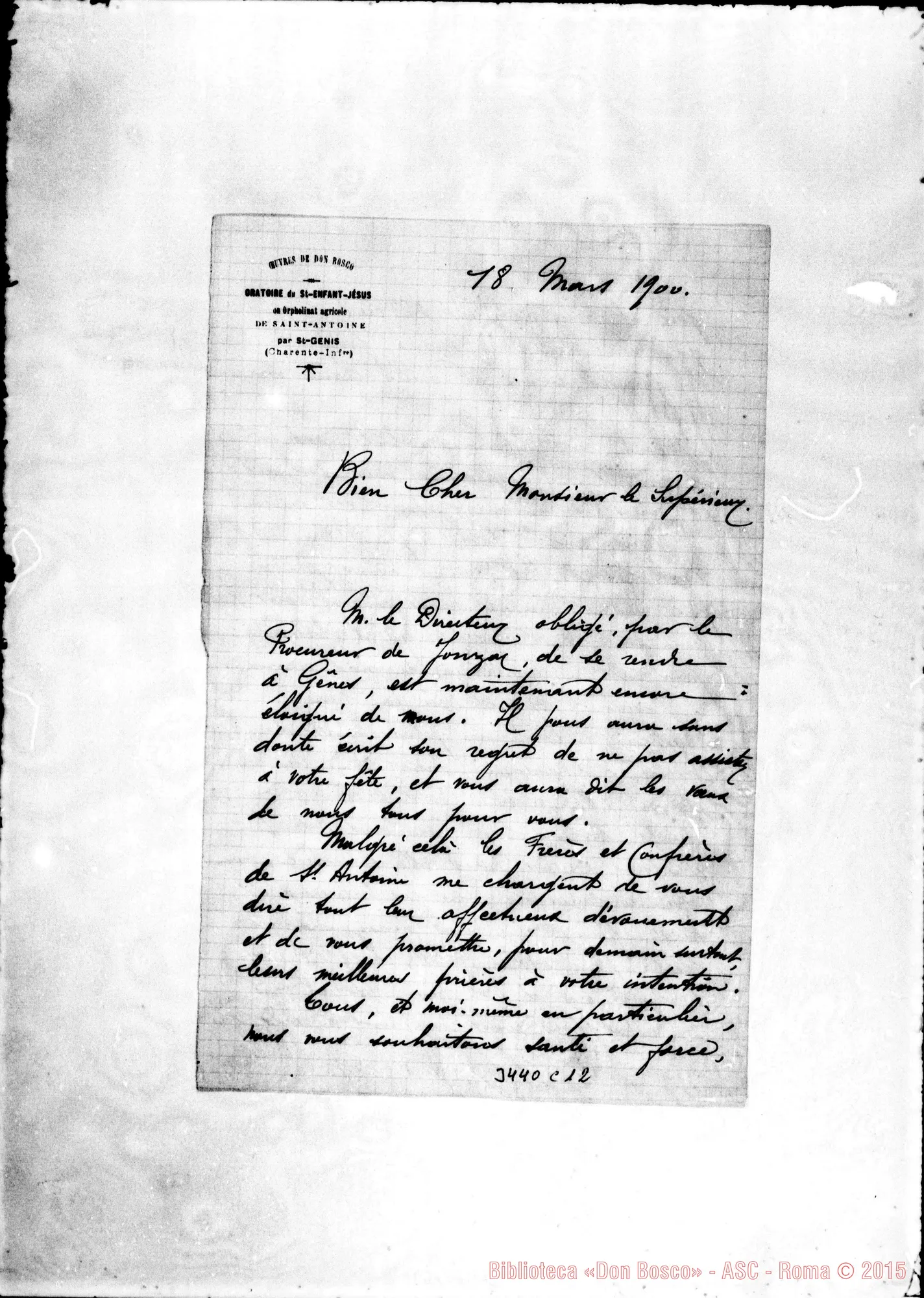 Fotogramma C 12 — Lettera incompleta A Monsieur le Supérieur, il 18-03-1900