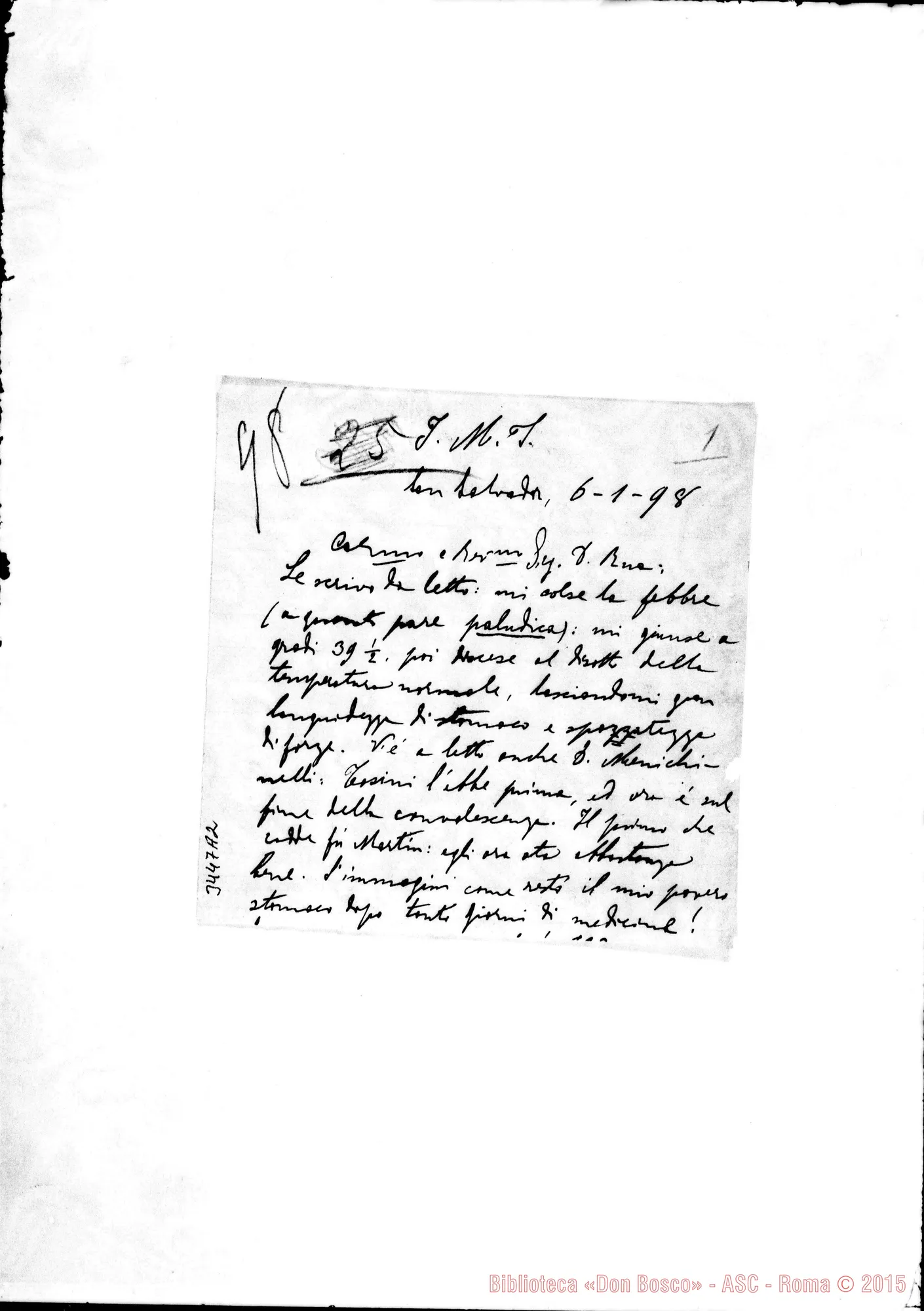 Fotogramma A 2 — Don Luigi Calcagno-Don Rua. S. Salvador, 6-01-1898 Autogr. Rua