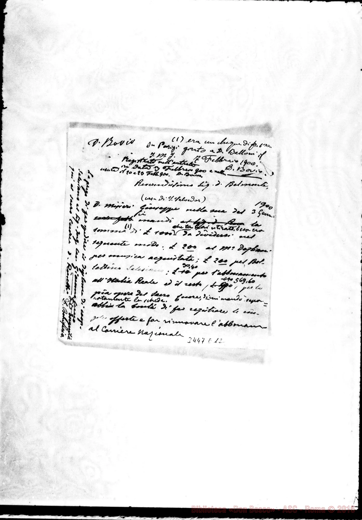 Fotogramma E 12 — Lettera A Don Belmonte con nota autogr. Rua
