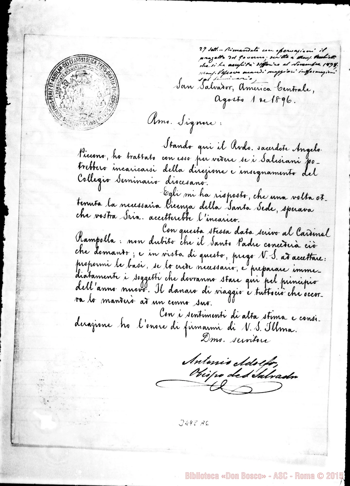 Fotogramma A 6 — Antonio Adolfo Pérez, vesc.-Rev.mo Sig. S. Salvador, 1-08-1896