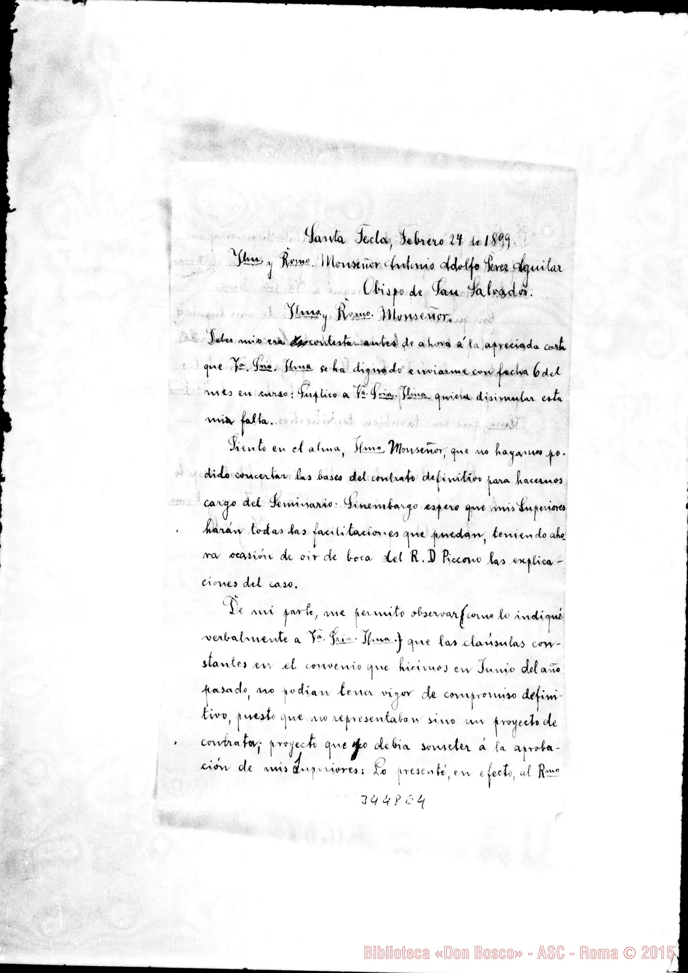 Fotogramma E 4 — Copia di lettera A Mons. Pérez. Santa Tecla, 24-02-1899