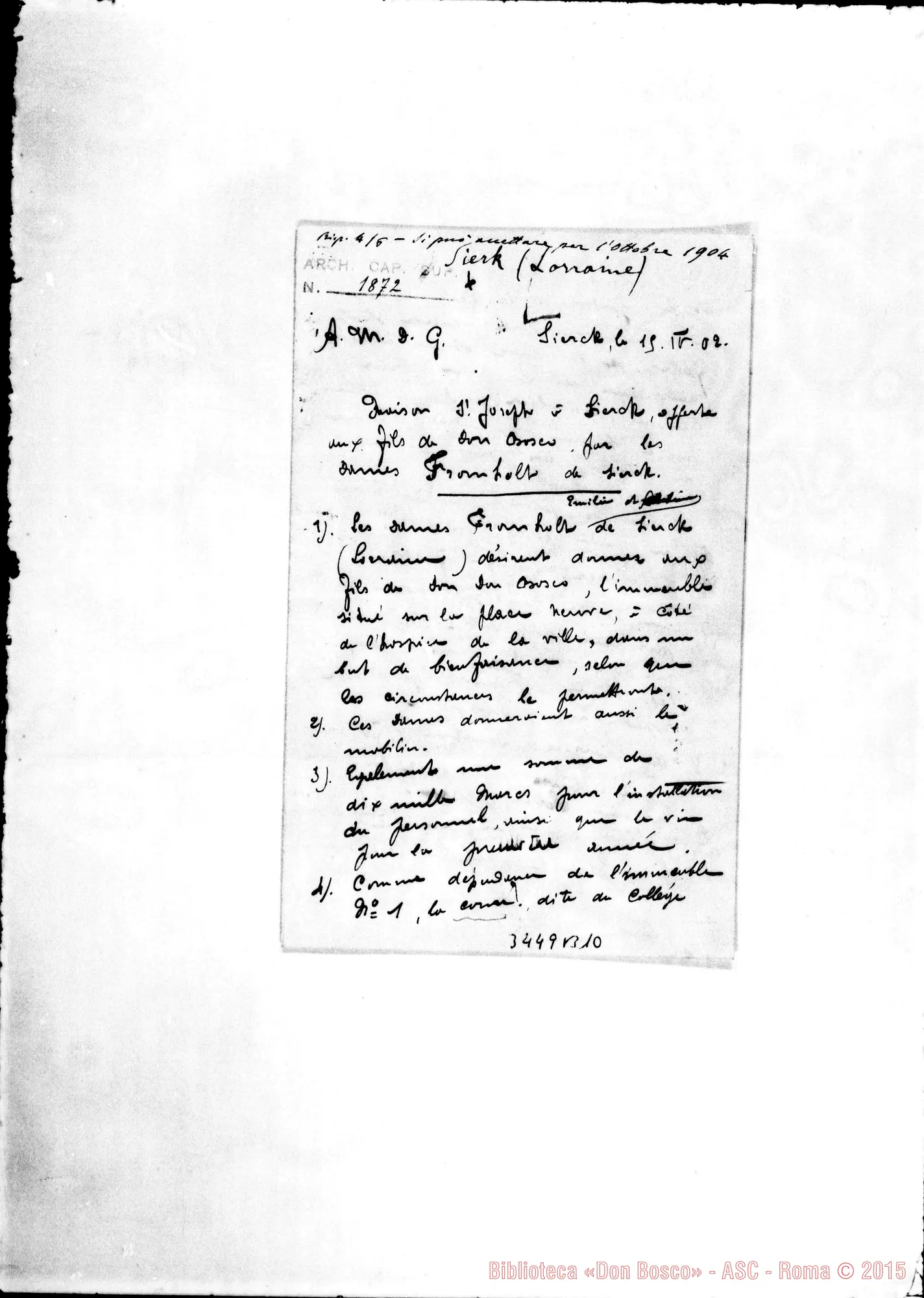 Fotogramma B 10 — Contratto privato, con firma autogr. Rua. Sierck, 15-04-1902