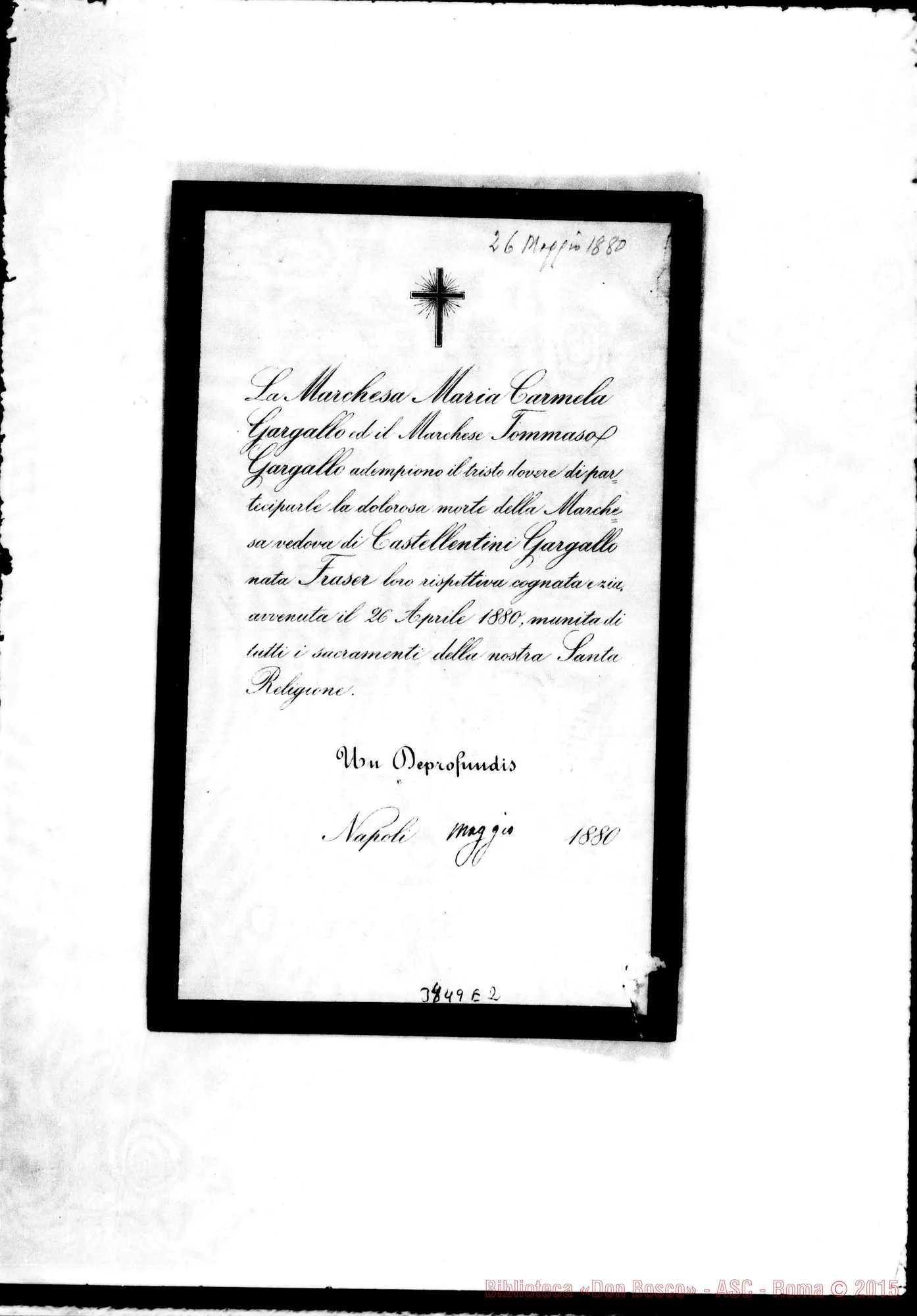 Fotogramma E 2 — Maria Carmela Gargallo, march.-Don Dalmazzo. Napoli, 26-05-1880