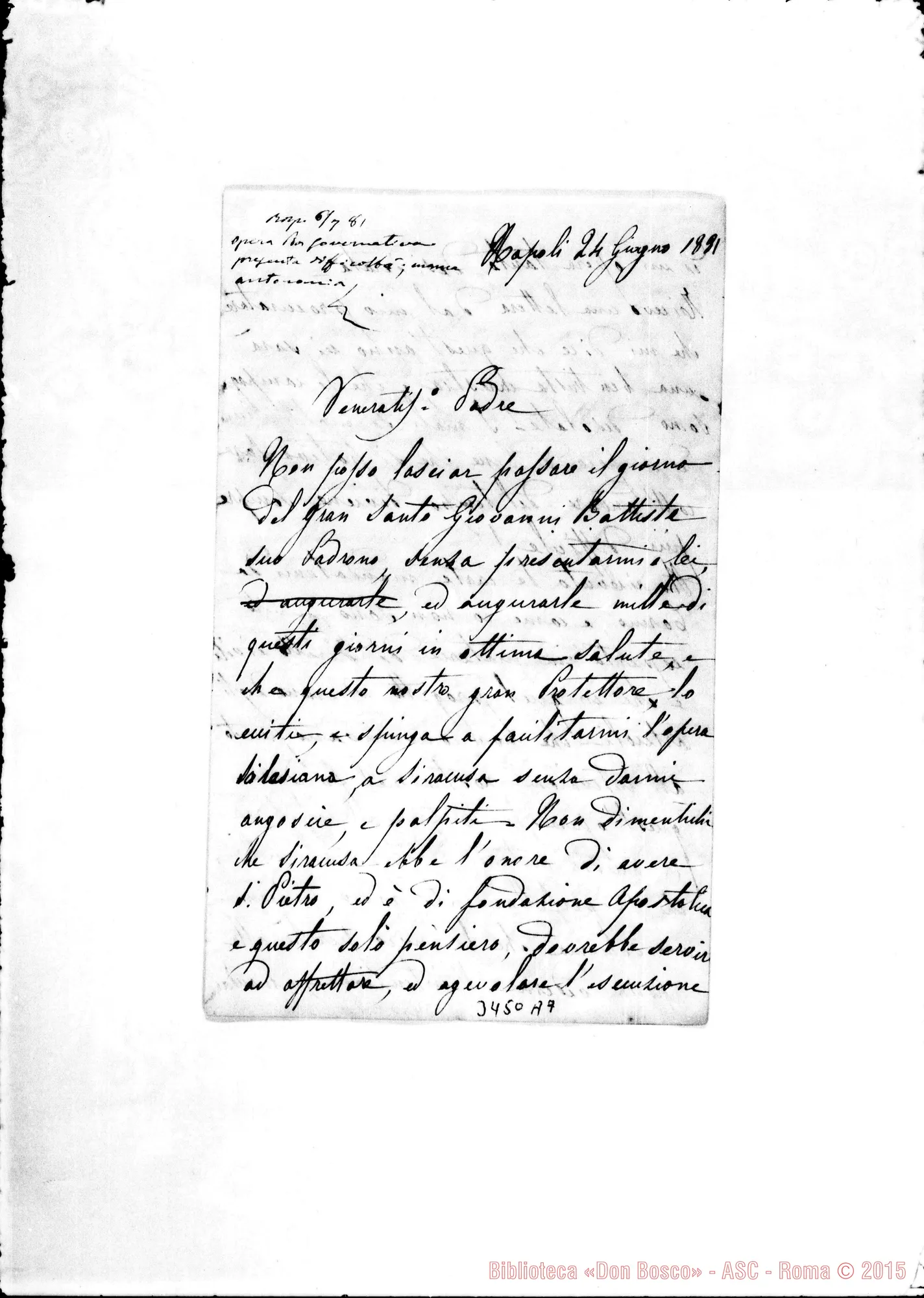 Fotogramma A 7 — Maria C. Gargallo, march.-Veneratissimo Padre. Napoli, 24-06-1881
