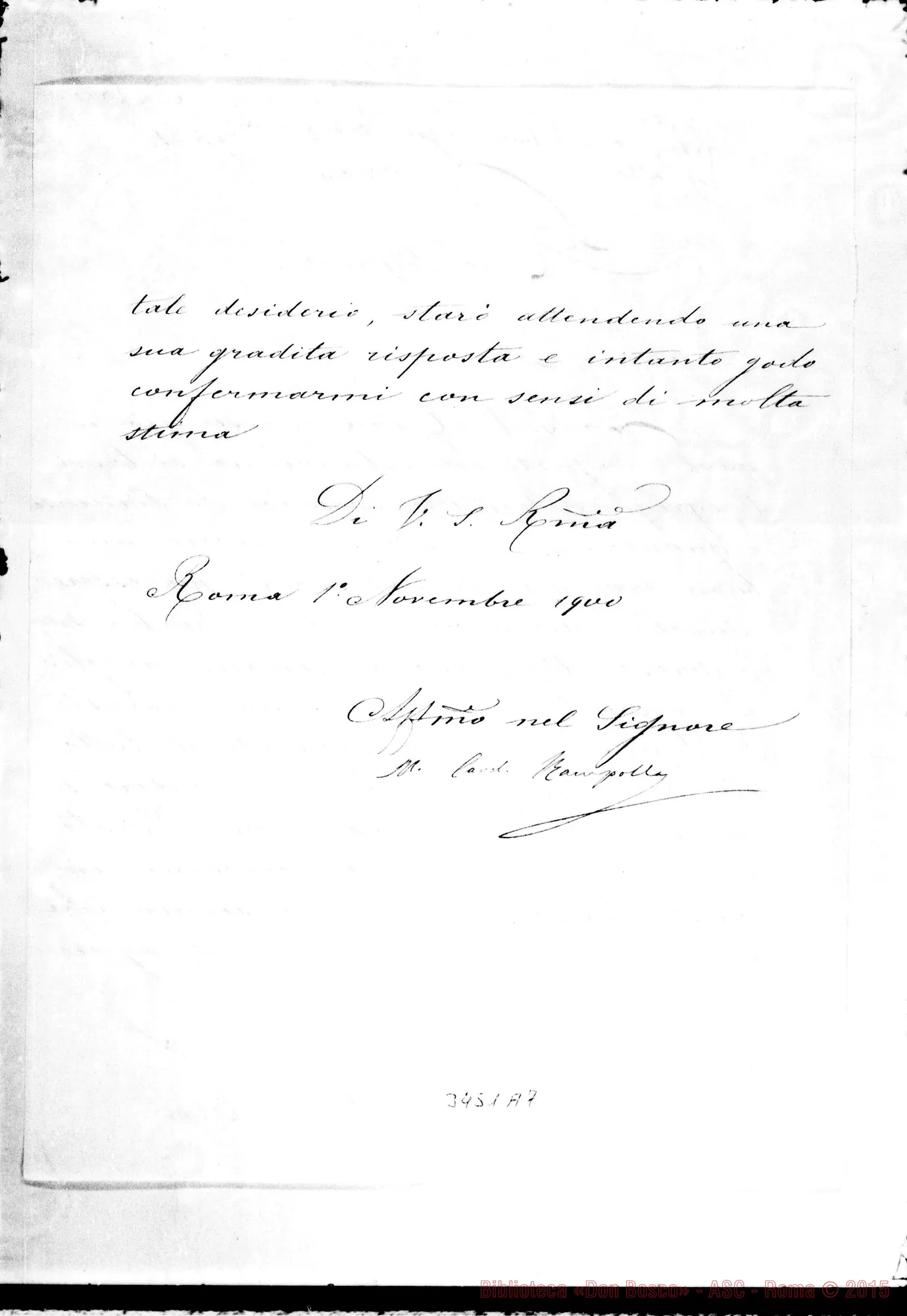 Fotogramma A 7 — Card. Rampolla-Don Rua. Roma, 1-11-1900 Autogr. Rua