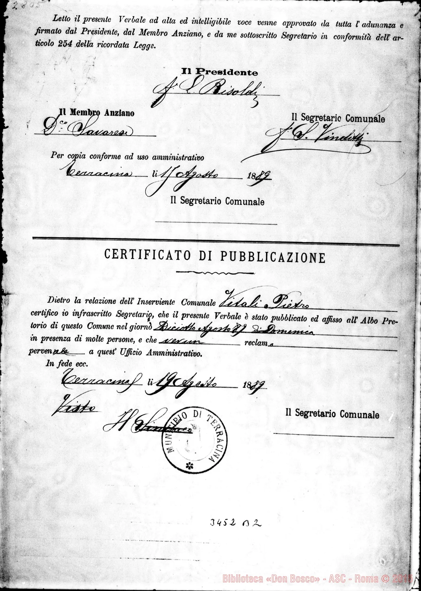 Fotogramma B 2 — Deliberazione del Consiglio Comunale, il 16-08-1889