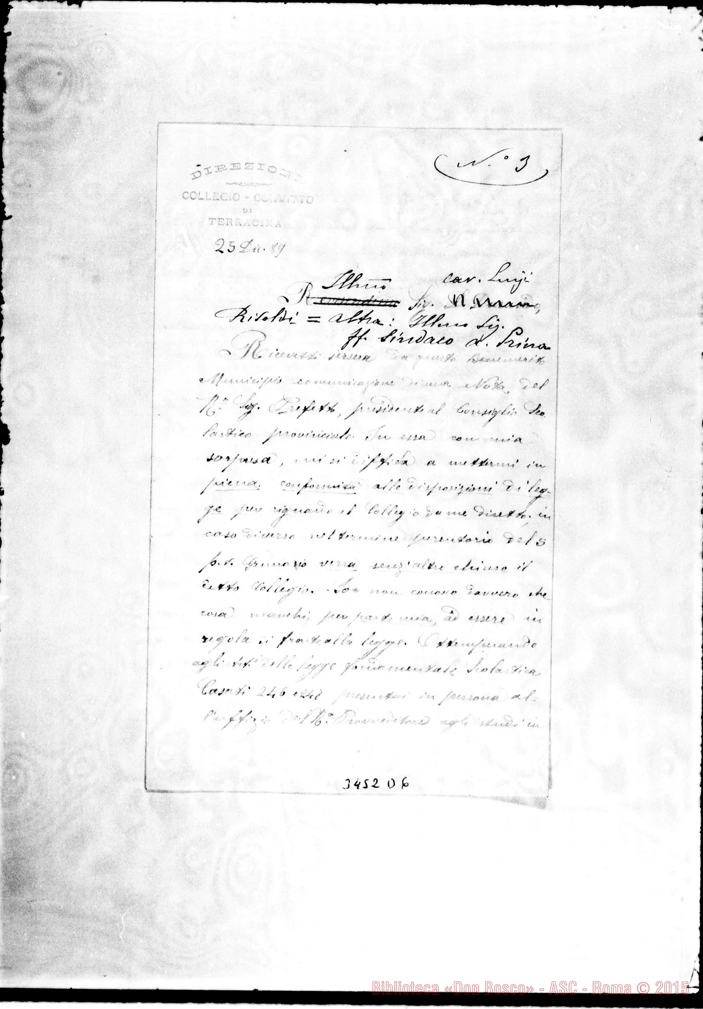 Fotogramma D 6 — Lettera al sindaco. Senza firma, il 25-12-1889. Copia