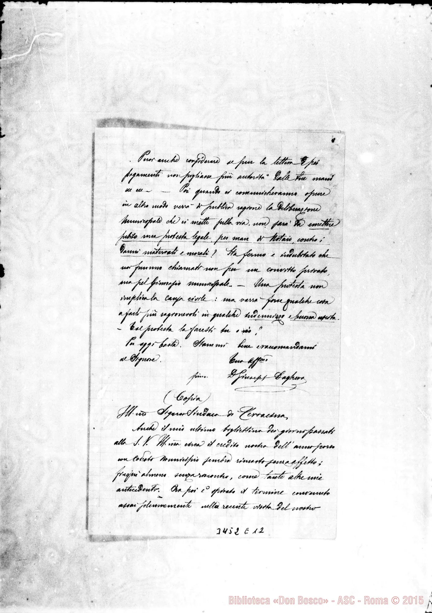 Fotogramma E 12 — Copia di lettere di D. Daghero A D. Durando E Sindaco