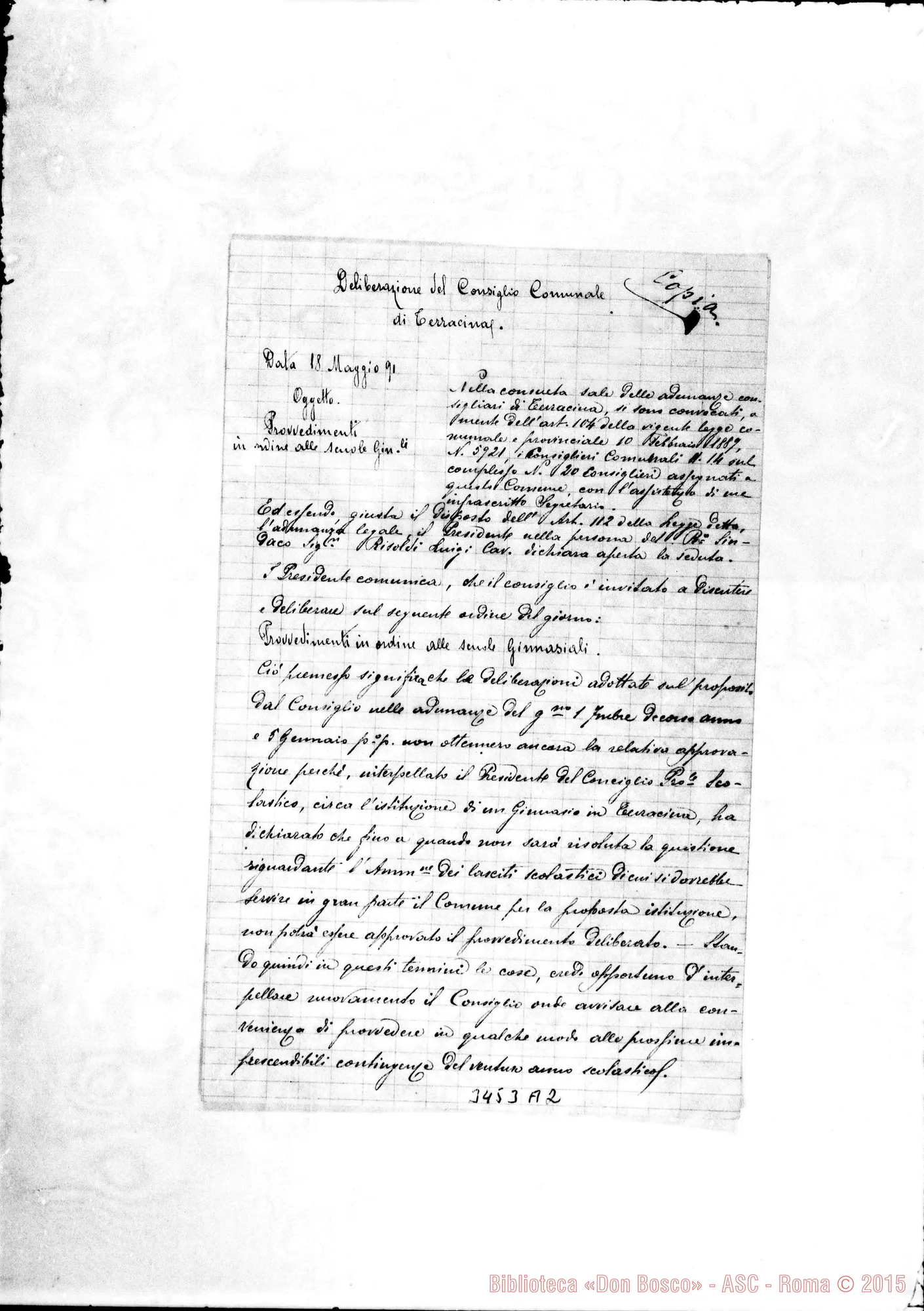 Fotogramma A 2 — Deliberazione del Consiglio Comunale. Copia, il 18-05-1891