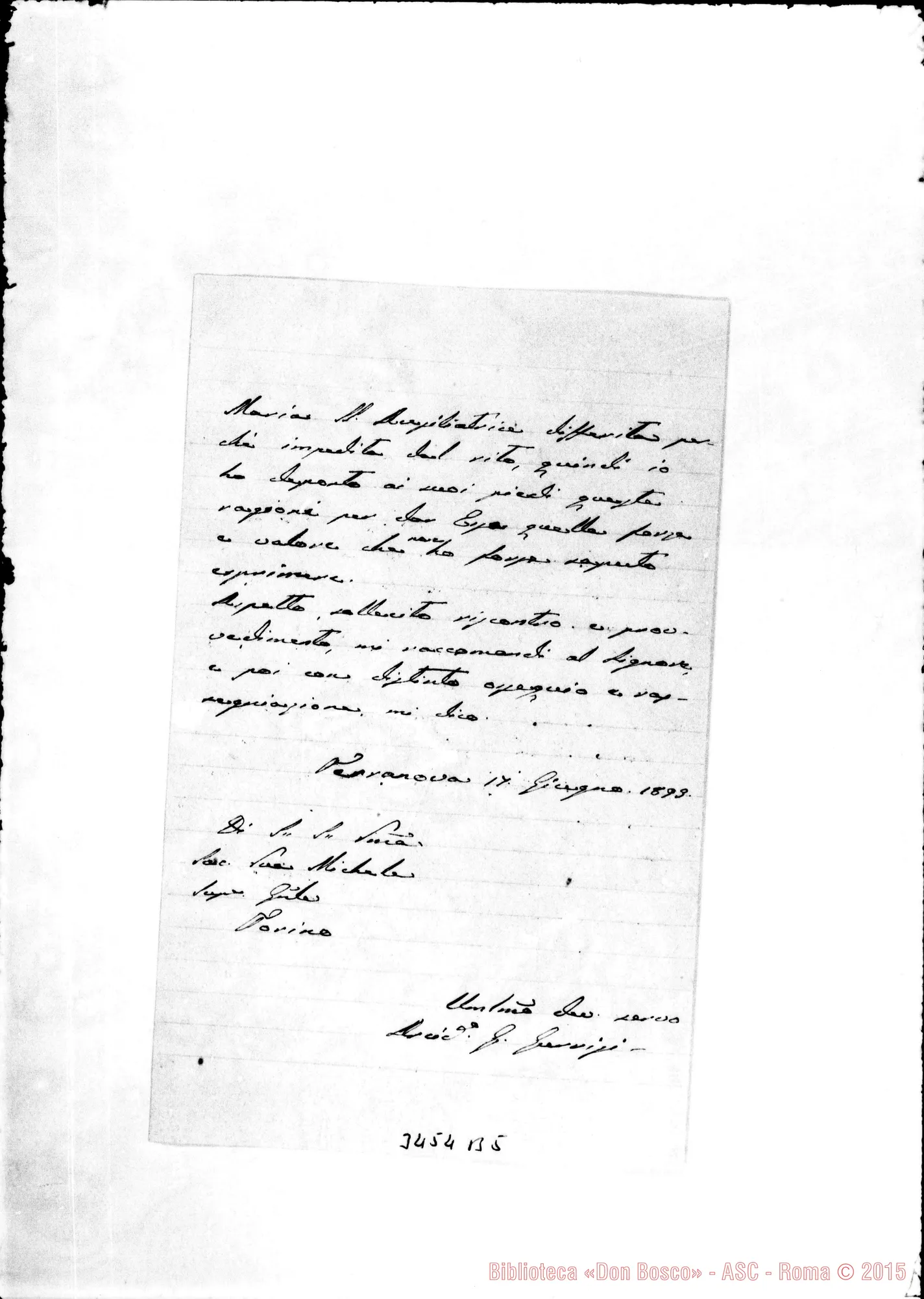 Fotogramma B 5 — Arcidiacono Gurrisi-Rev.mo Sig. Terranova, 17-06-1893 Autogr. Rua