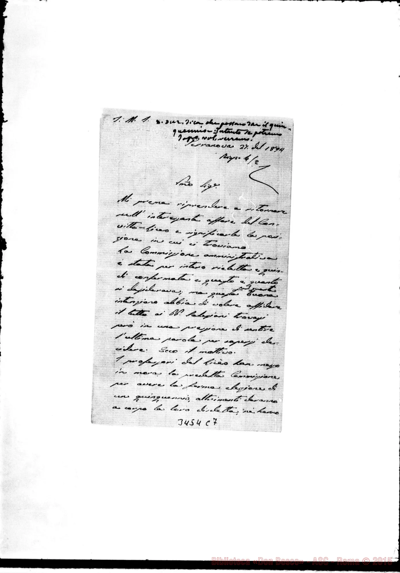 Fotogramma C 7 — Arcidiacono Gurrisi-Rev.mo Sig. Terranova, 27-01-1894 Autogr. Rua