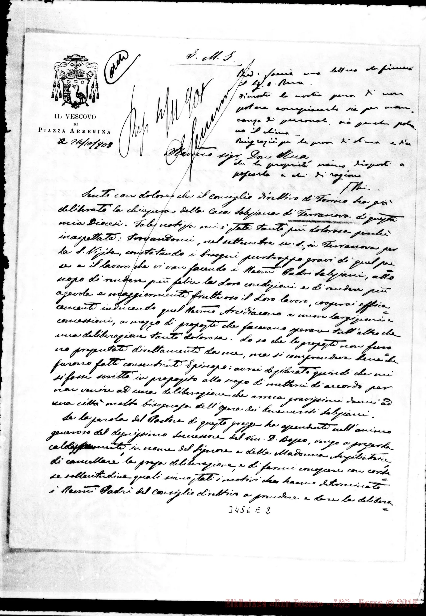 Fotogramma E 2 — Mario Sturzo, vesc.-Don Rua, il 24-10-1908. Autogr. Rinaldi. All. risposta