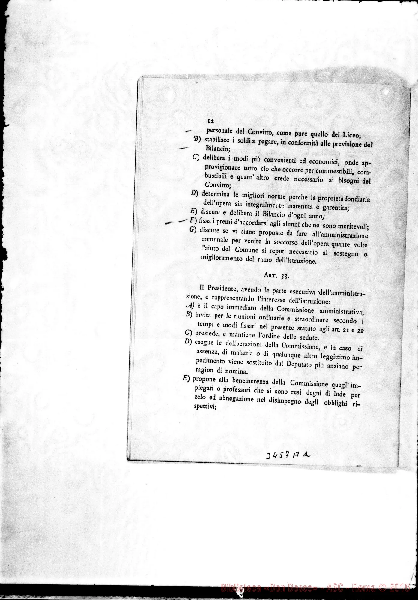 Fotogramma A 2 — Statuto del Convitto Pignatelli. Stampato 1887