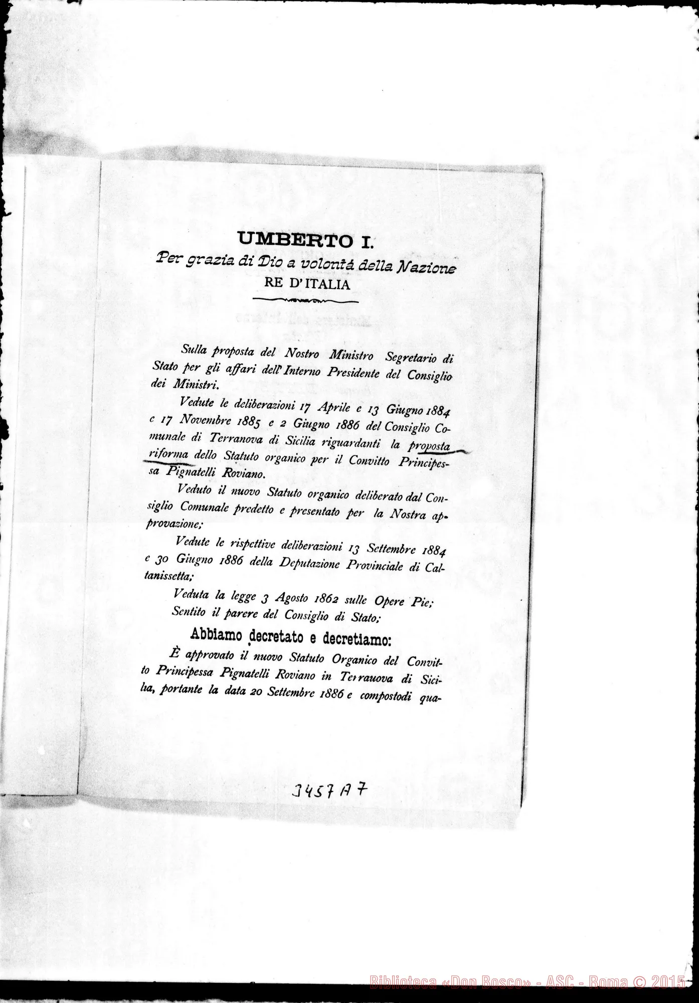 Fotogramma A 7 — Statuto del Convitto Pignatelli. Stampato 1887