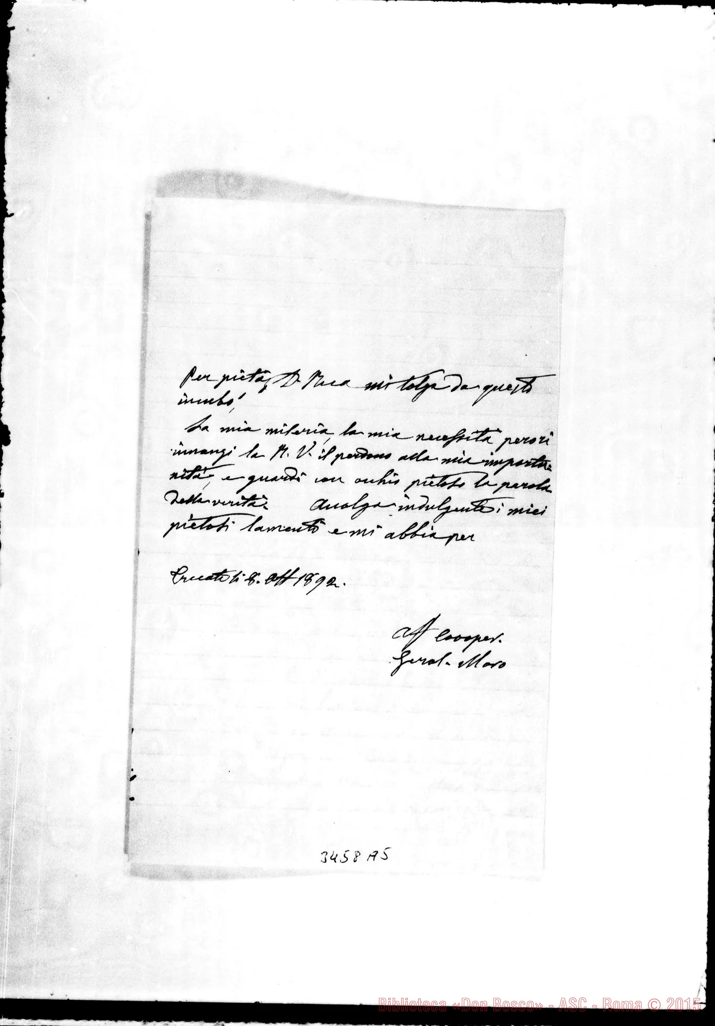 Fotogramma A 5 — Gerolomina Moro-Don Rua. Trecate, 8-10-1892 Autogr. Rua