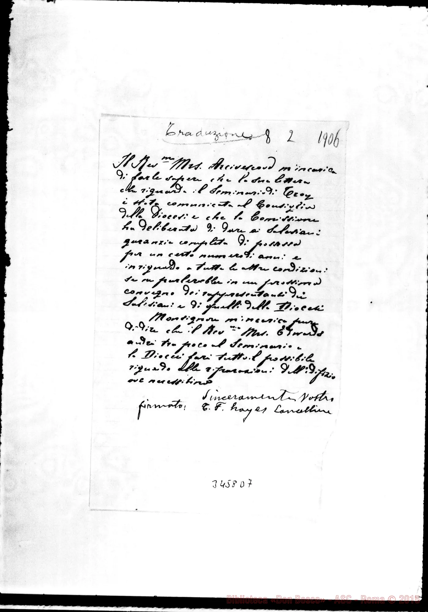 Fotogramma D 7 — Cancelliere T.F. Hayes: seminario di Troy. Originale E traduzione. Troy, 8-02-1906 Autogr. Rua