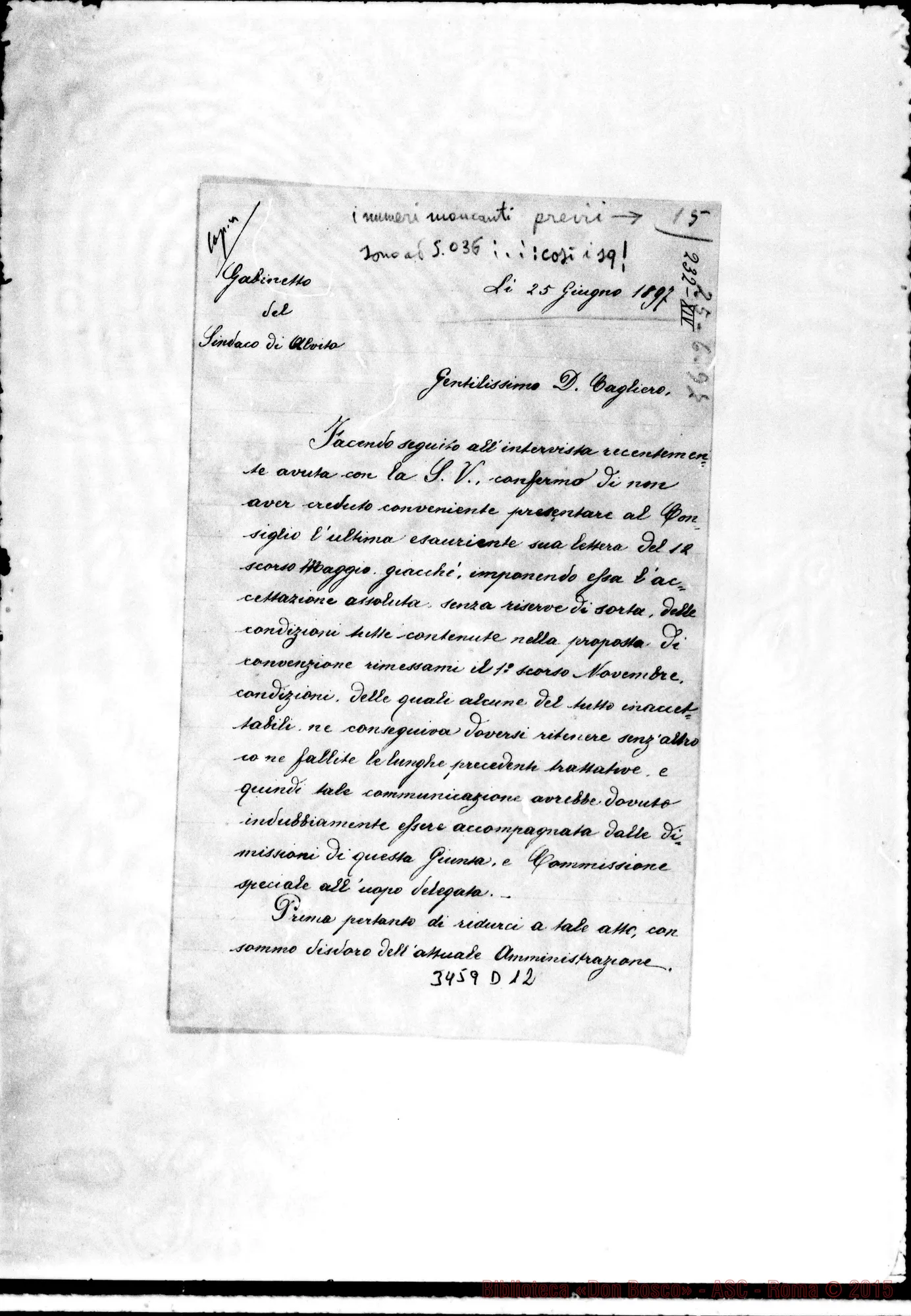 Fotogramma D 12 — Dal Gabinetto del Sindaco-Don Cagliero C. Alvito, 25-06-1897